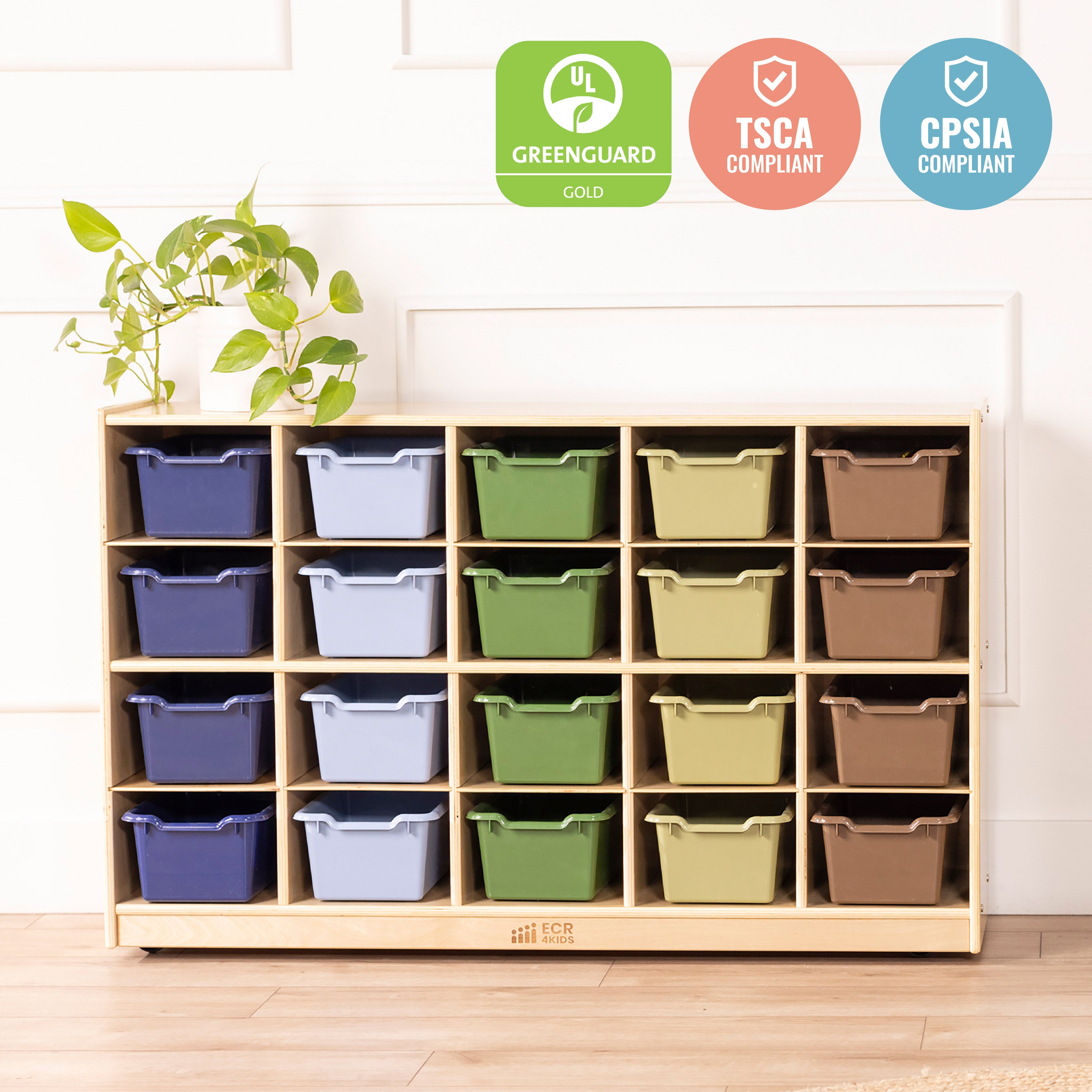 20 Cubby Tray Cabinet with Scoop Front Storage Bins, Classroom Furniture