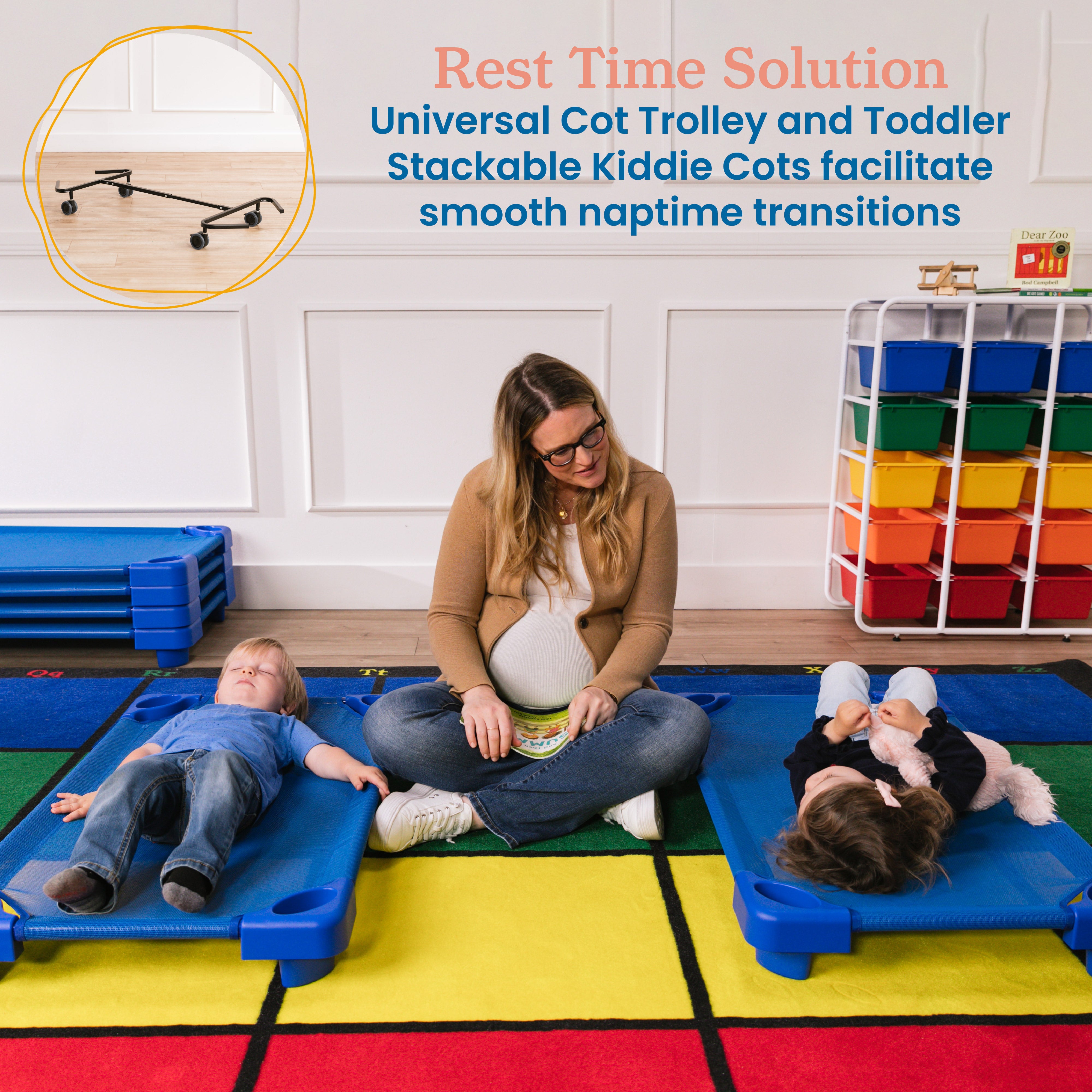 Stackable Kiddie Cots and Sheets with Universal Cot Trolley, Toddler Size, Ready-to-Assemble, 6-Pack