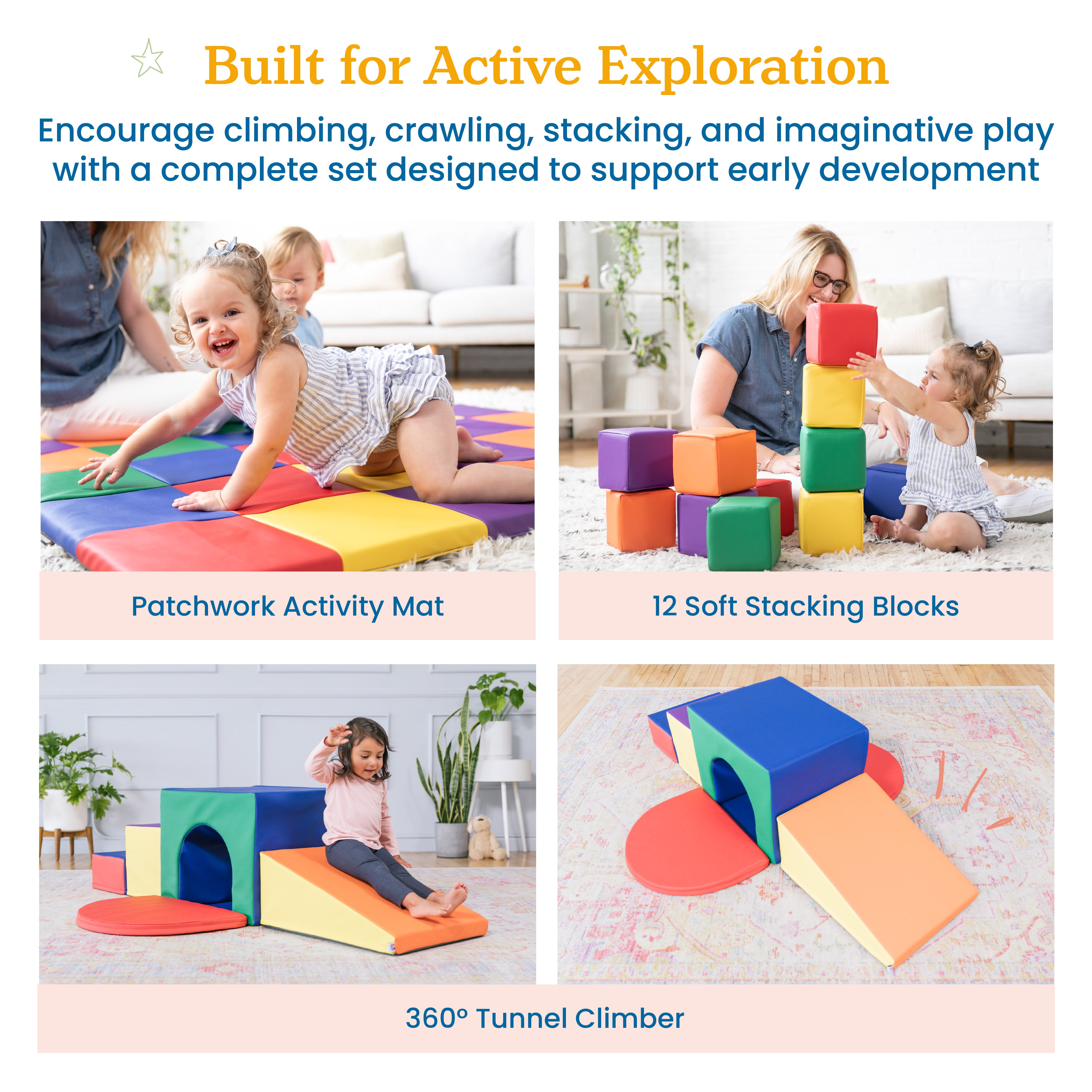 Toddler Gross Motor Development Package with Tunnel Maze, Soft Blocks and Activity Mat, Assorted