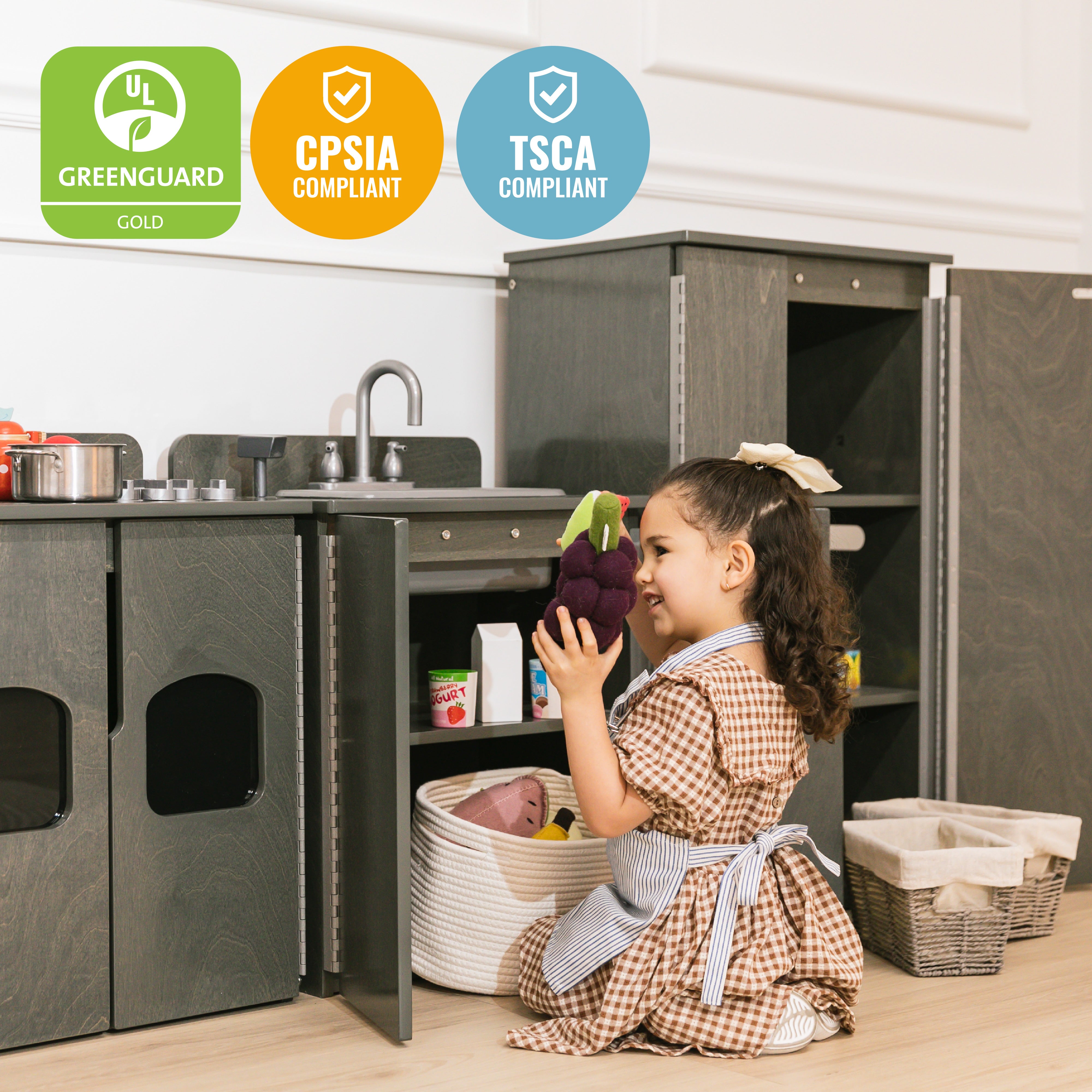 Kitchen Cupboard, Stove, Sink, and Refrigerator for Kids, Wooden, 4-Piece