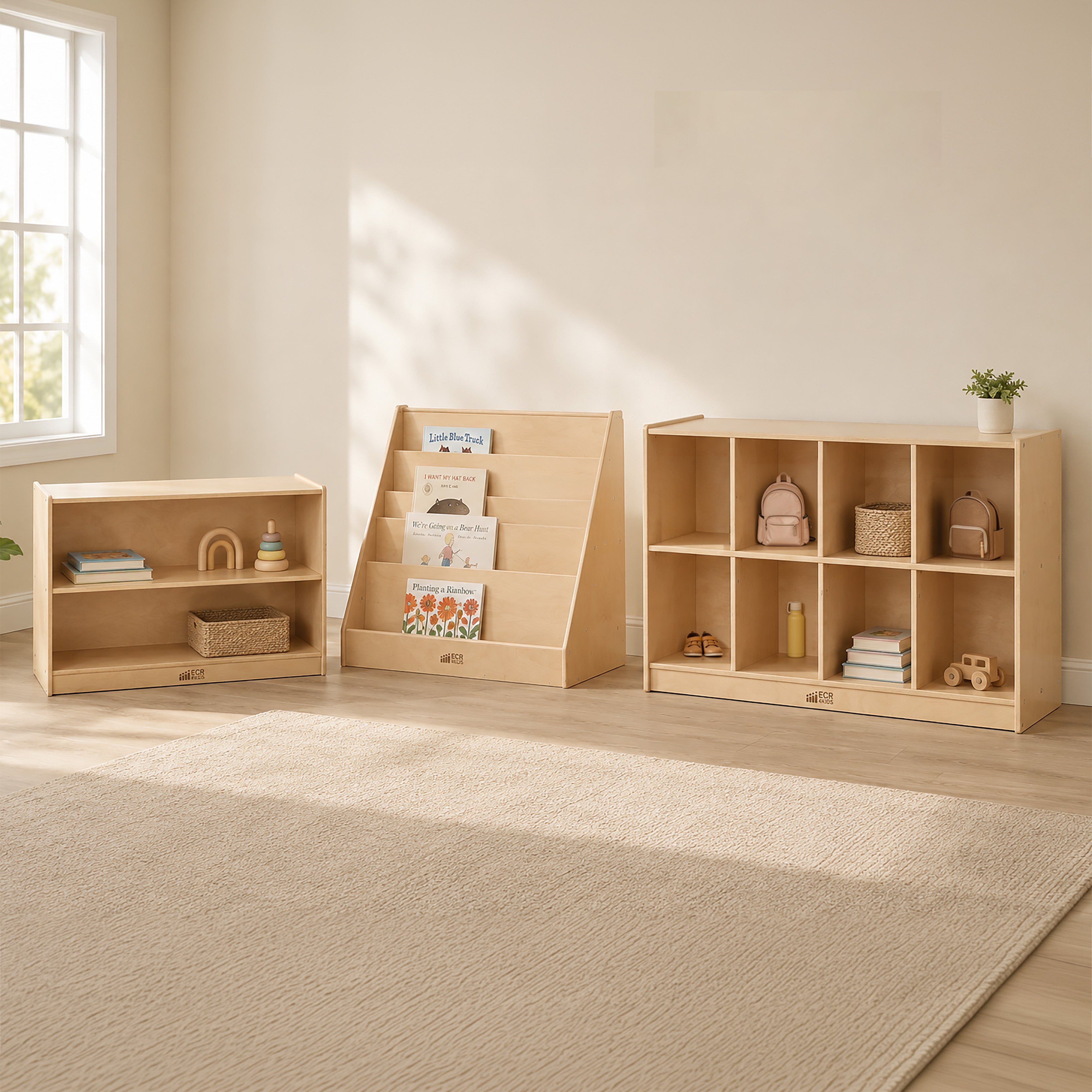 Preschool Classroom Organization Package with Book Display, Backpack Organizer and Storage Cabinet