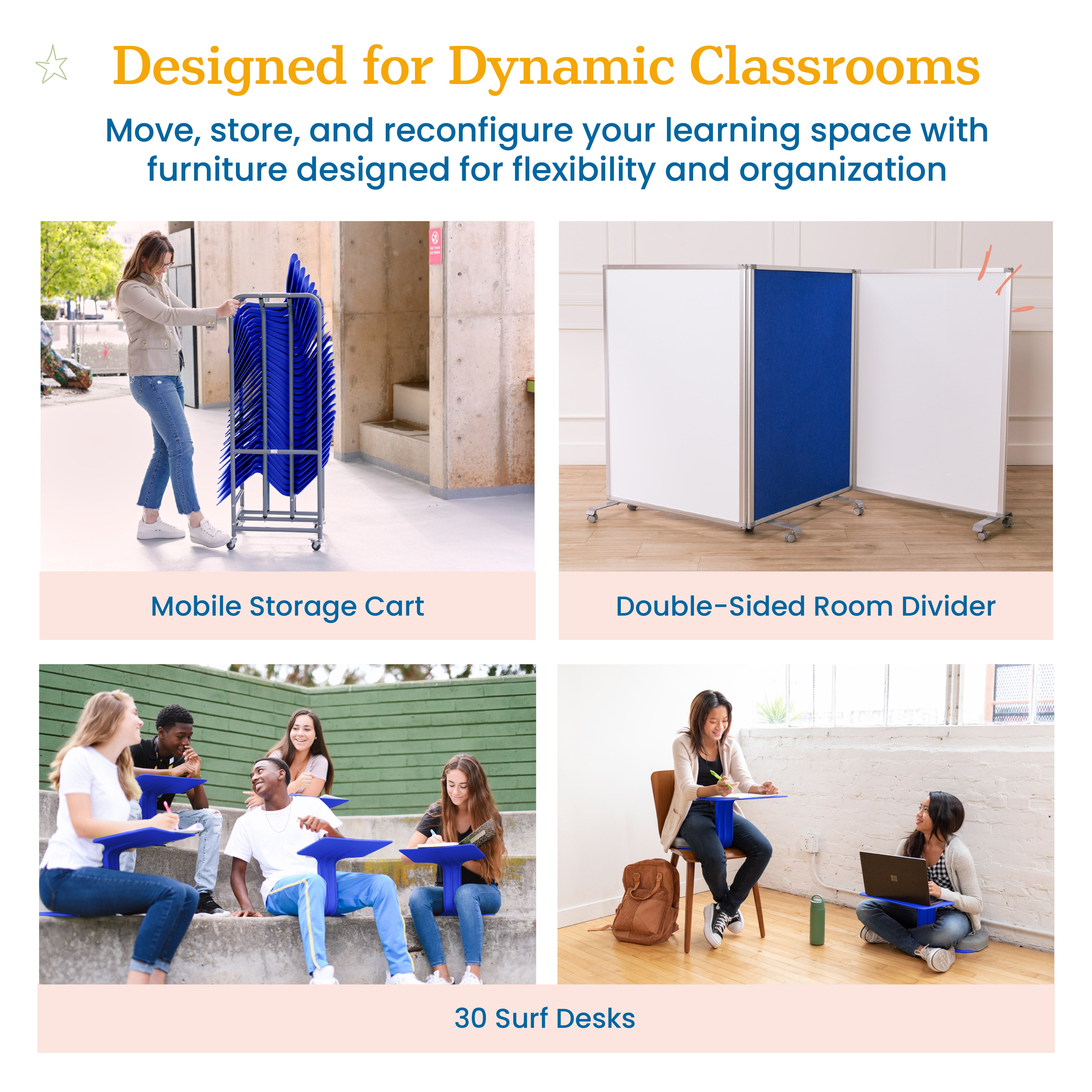Surf Mobile Learning Package with Lap Desks, Storage Rack and 3-Panel Room Divider