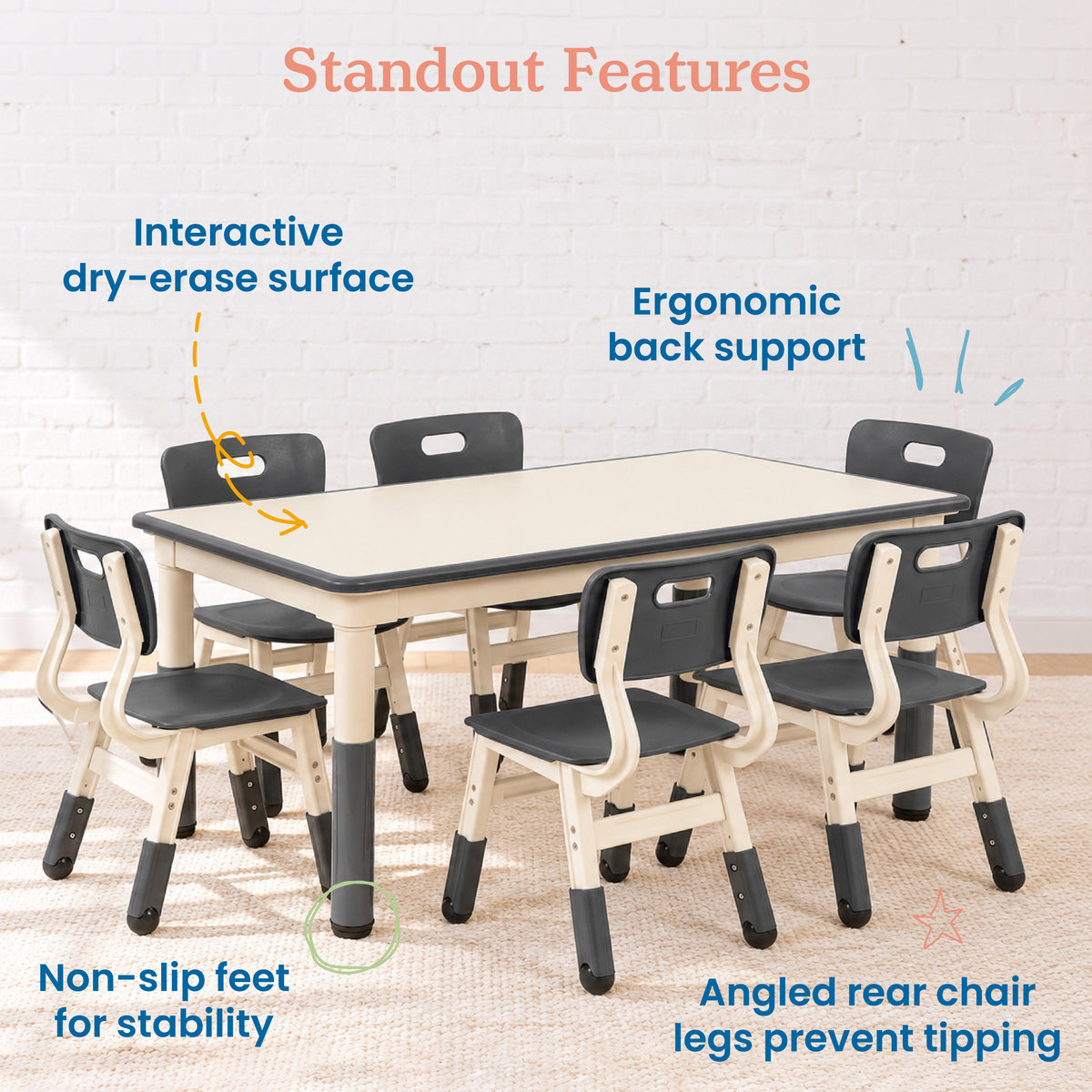 Dry-Erase Rectangular Activity Table with Six Chairs, 7-Piece