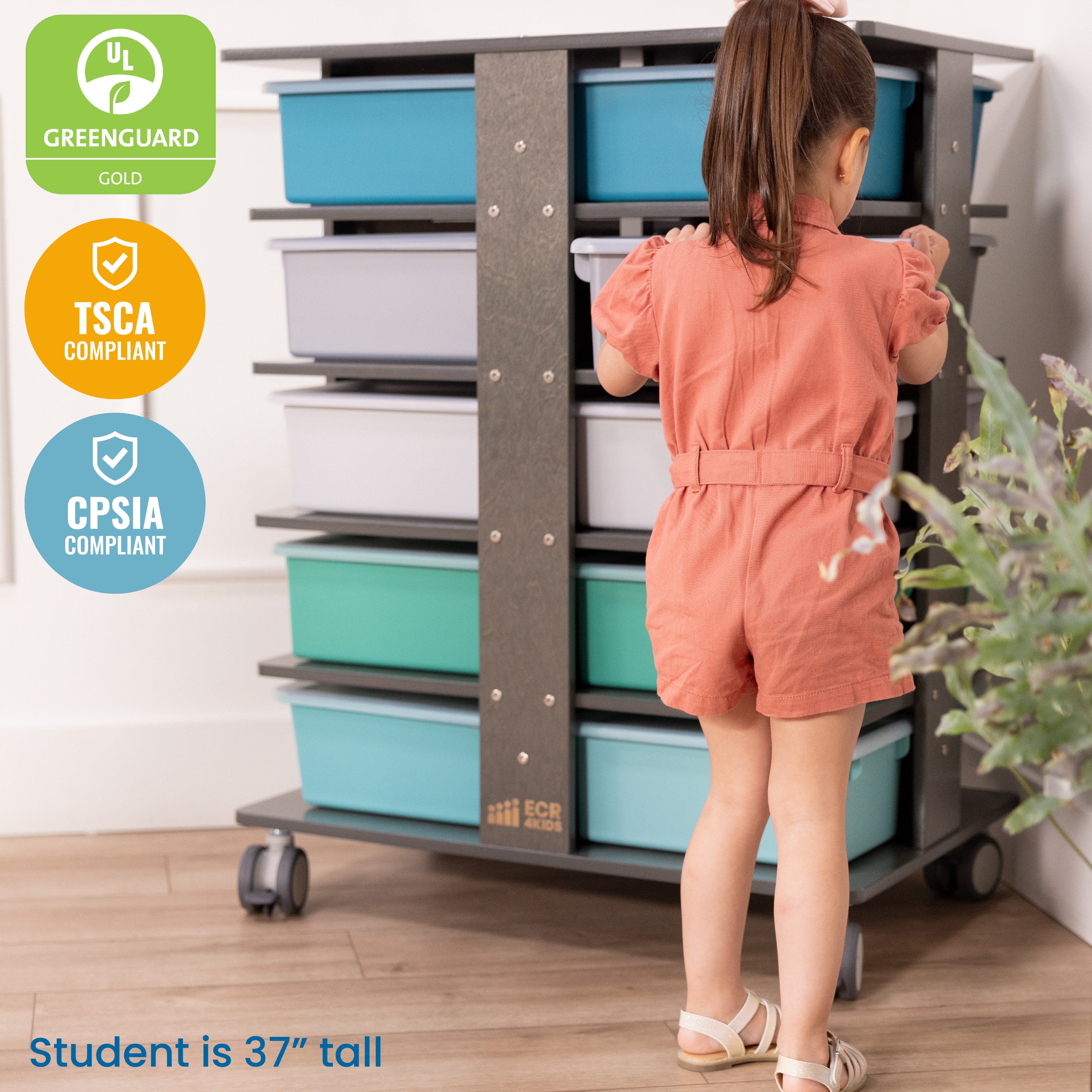 20-Compartment Mobile Storage Tower with Cubby Bins with Lids, 5x4, Grey Wash, Classroom Furniture
