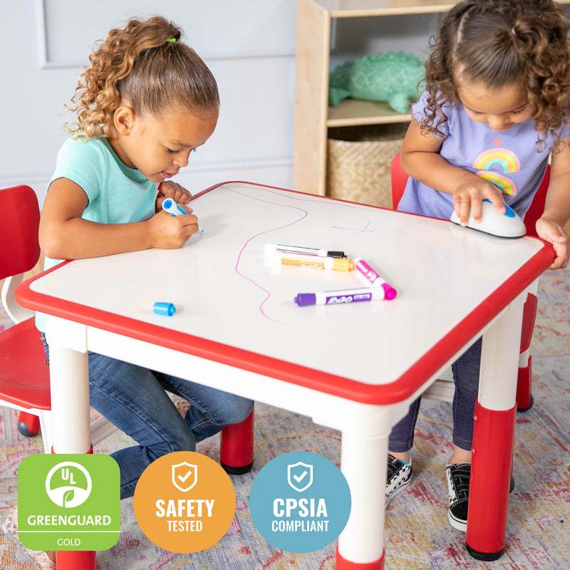 Square Dry-Erase Activity Table and 2 Adjustable Height Plastic Chairs, 3-Piece