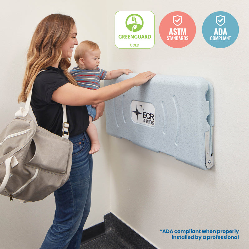 Horizontal Wall-Mounted Changing Station, Fold-Down Table, Safety Strap, Liner Dispensers, Bag Hooks