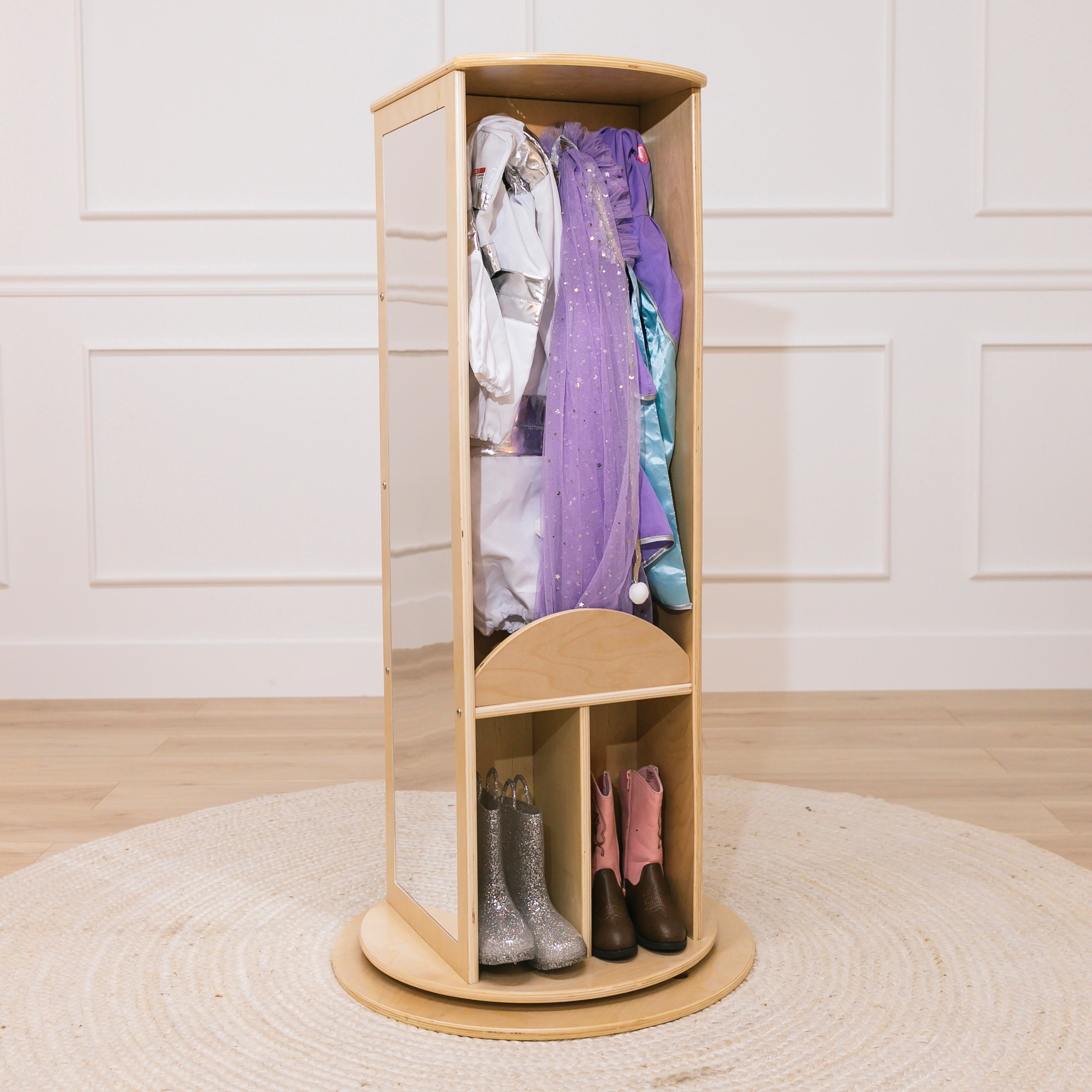 Preschool Dramatic Play Center with Play Kitchen, Dress Up Carousel, Storage Cabinet and Collaboration Table