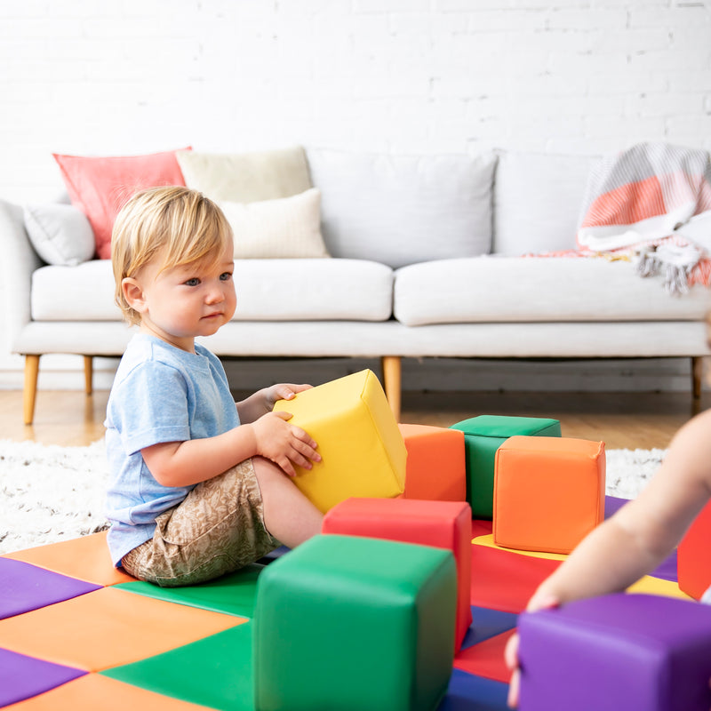 Patchwork Toddler Activity Mat and 12 Stacking Block Set, Tummy Time Foam Pad and Building Blocks