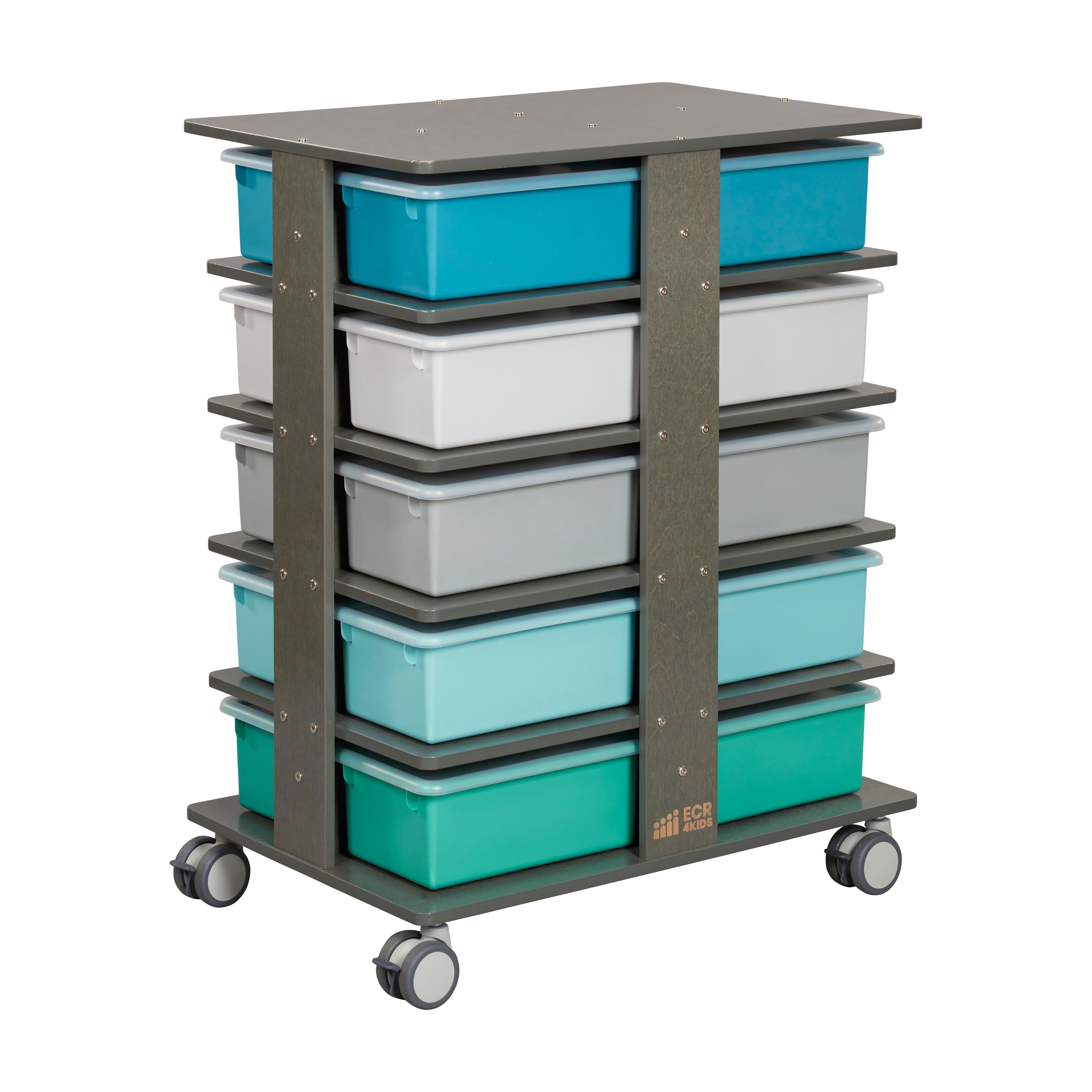 20-Compartment Mobile Storage Tower with Cubby Bins with Lids, 5x4, Grey Wash, Classroom Furniture