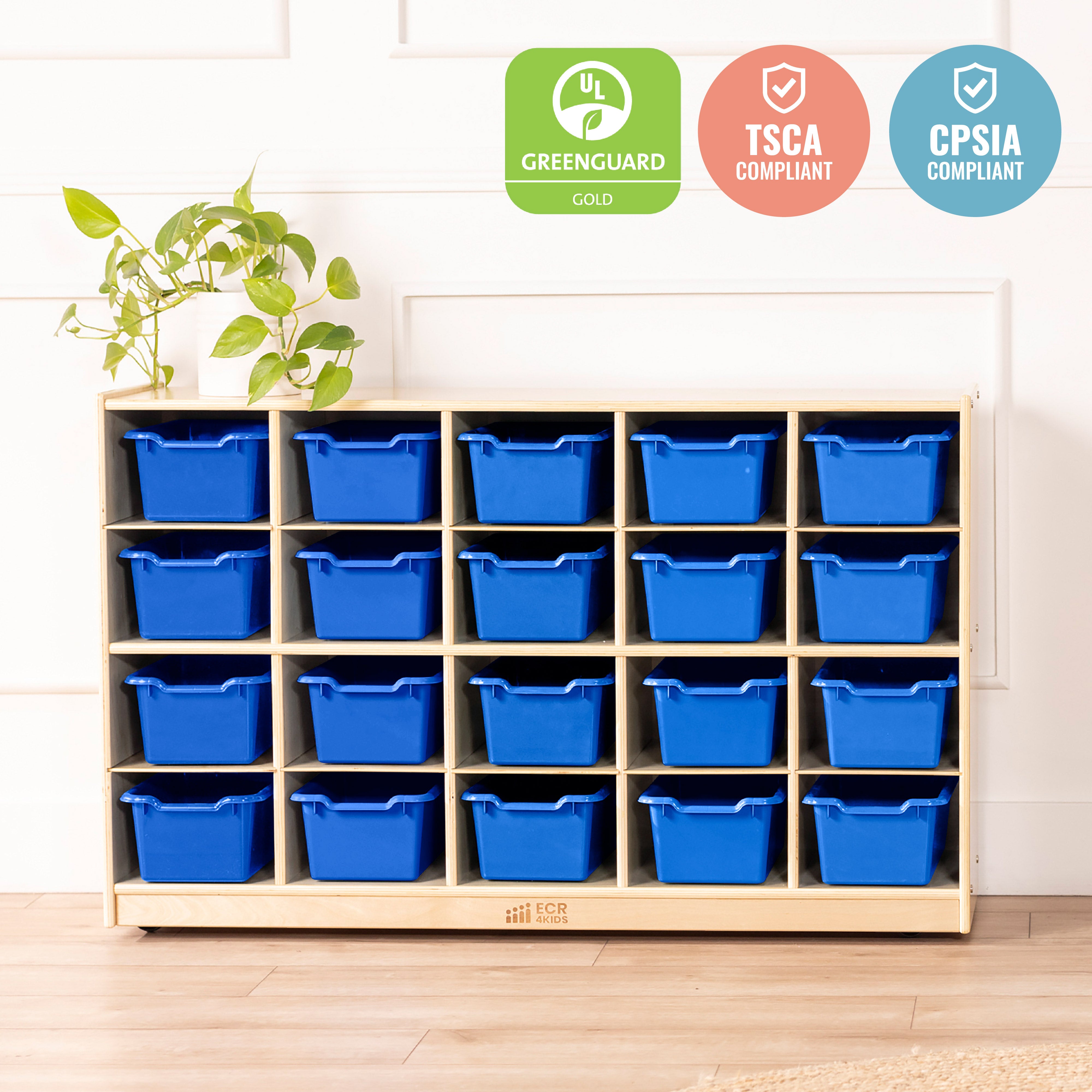 20 Cubby Tray Cabinet with Scoop Front Storage Bins, Classroom Furniture