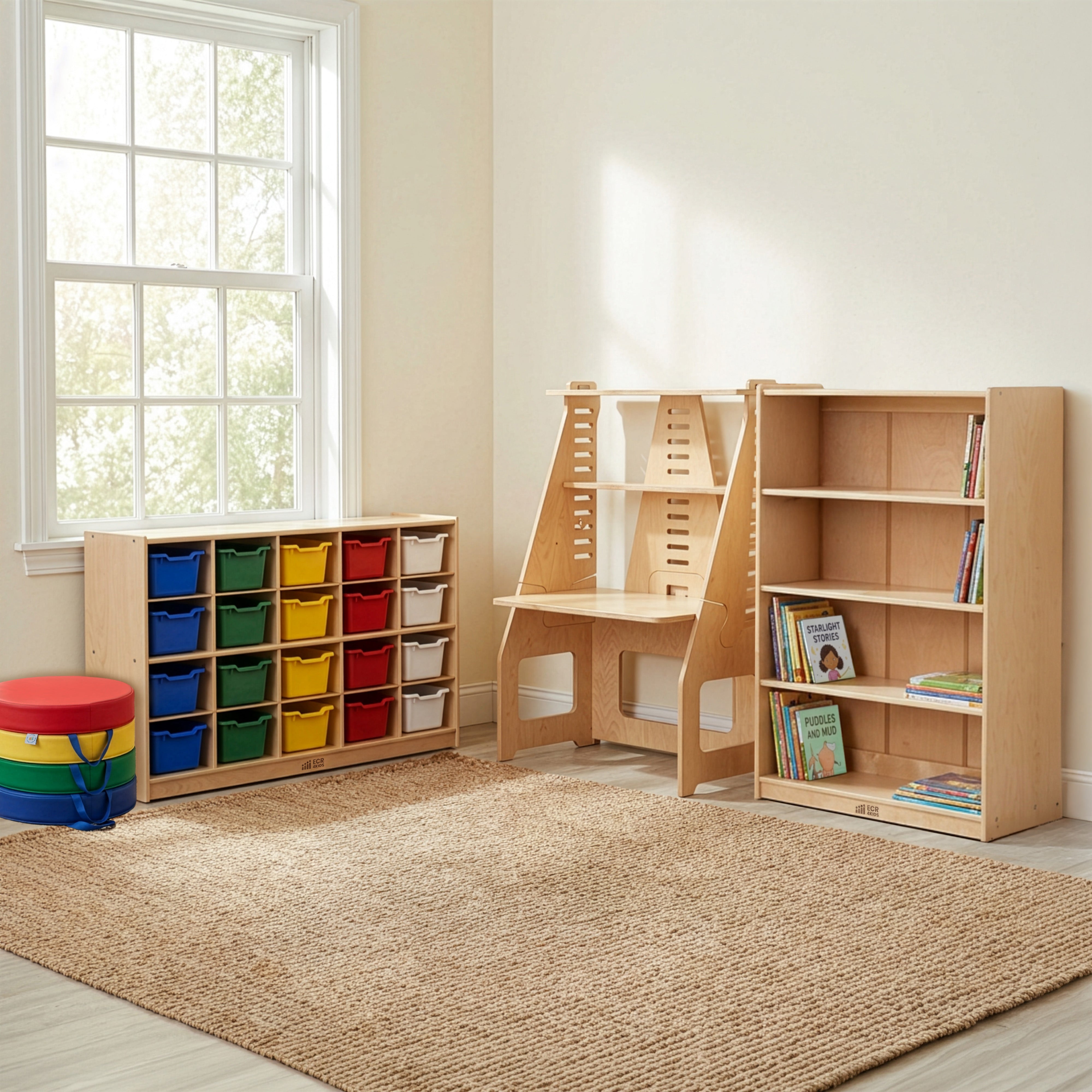 Home Learning Package with Adjustable Desk, Bookcase, Storage Cabinet with Bins and Floor Cushions