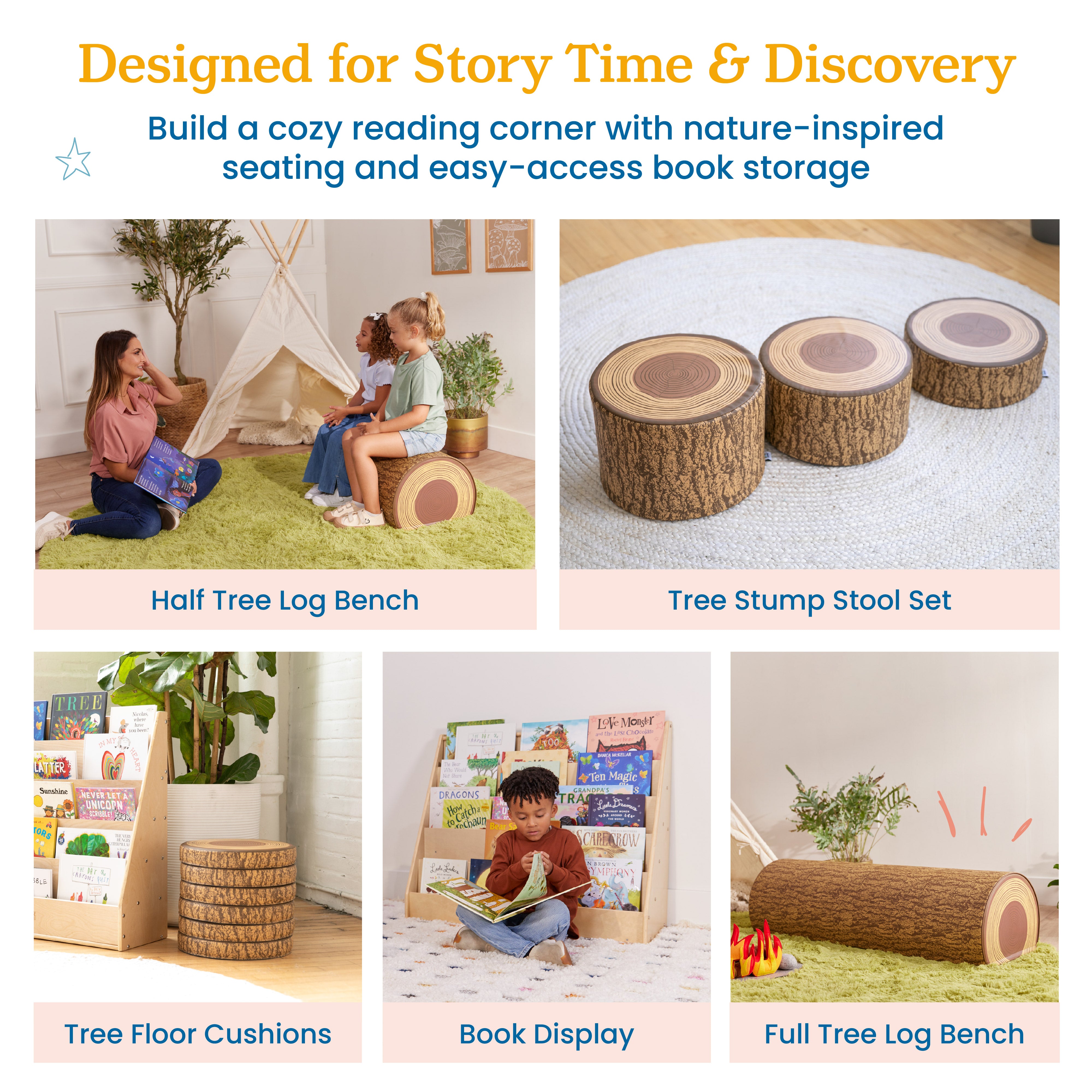 Preschool Nature-Inspired Reading Circle with Tree Log Seating and Book Display