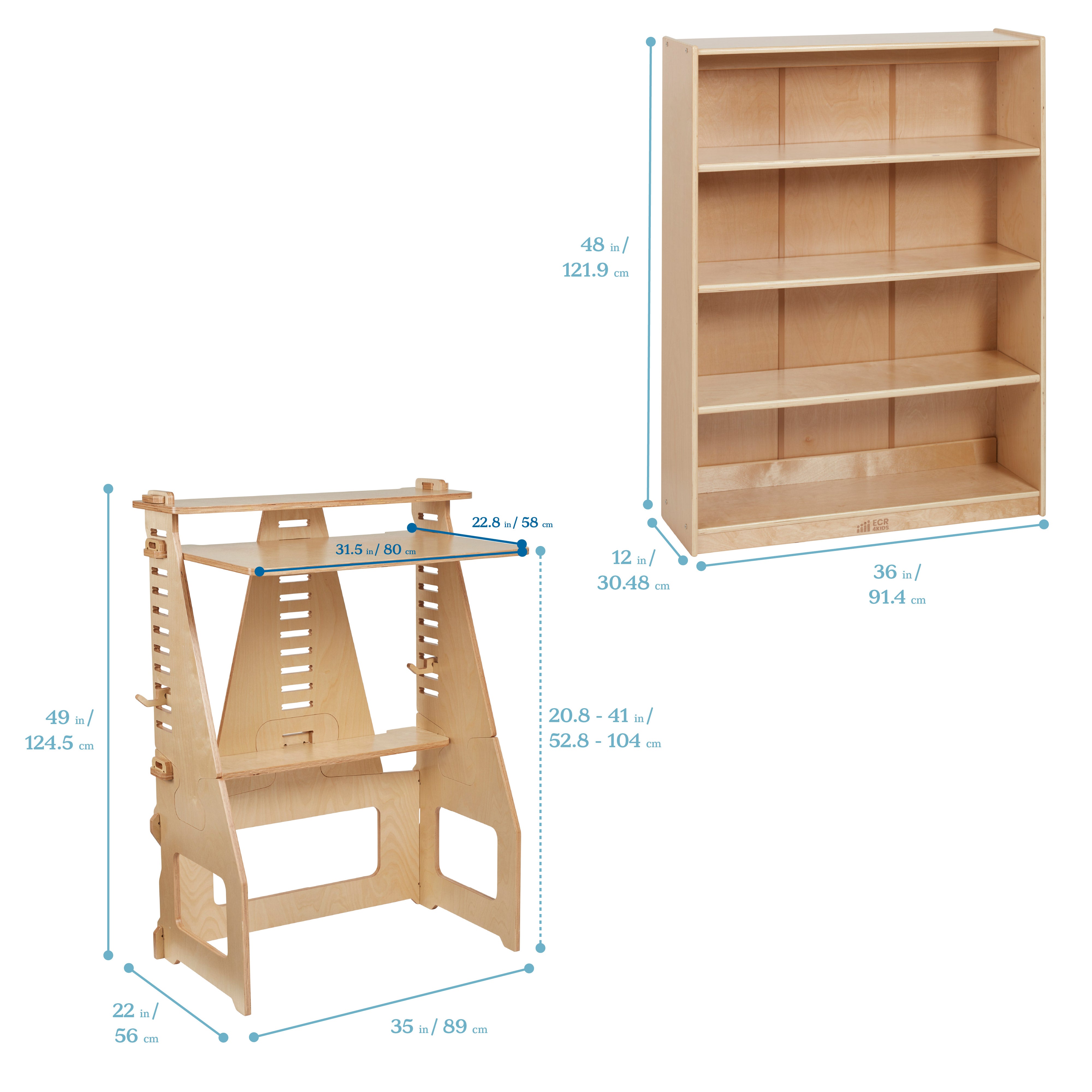Home Learning Package with Adjustable Desk, Bookcase, Storage Cabinet with Bins and Floor Cushions