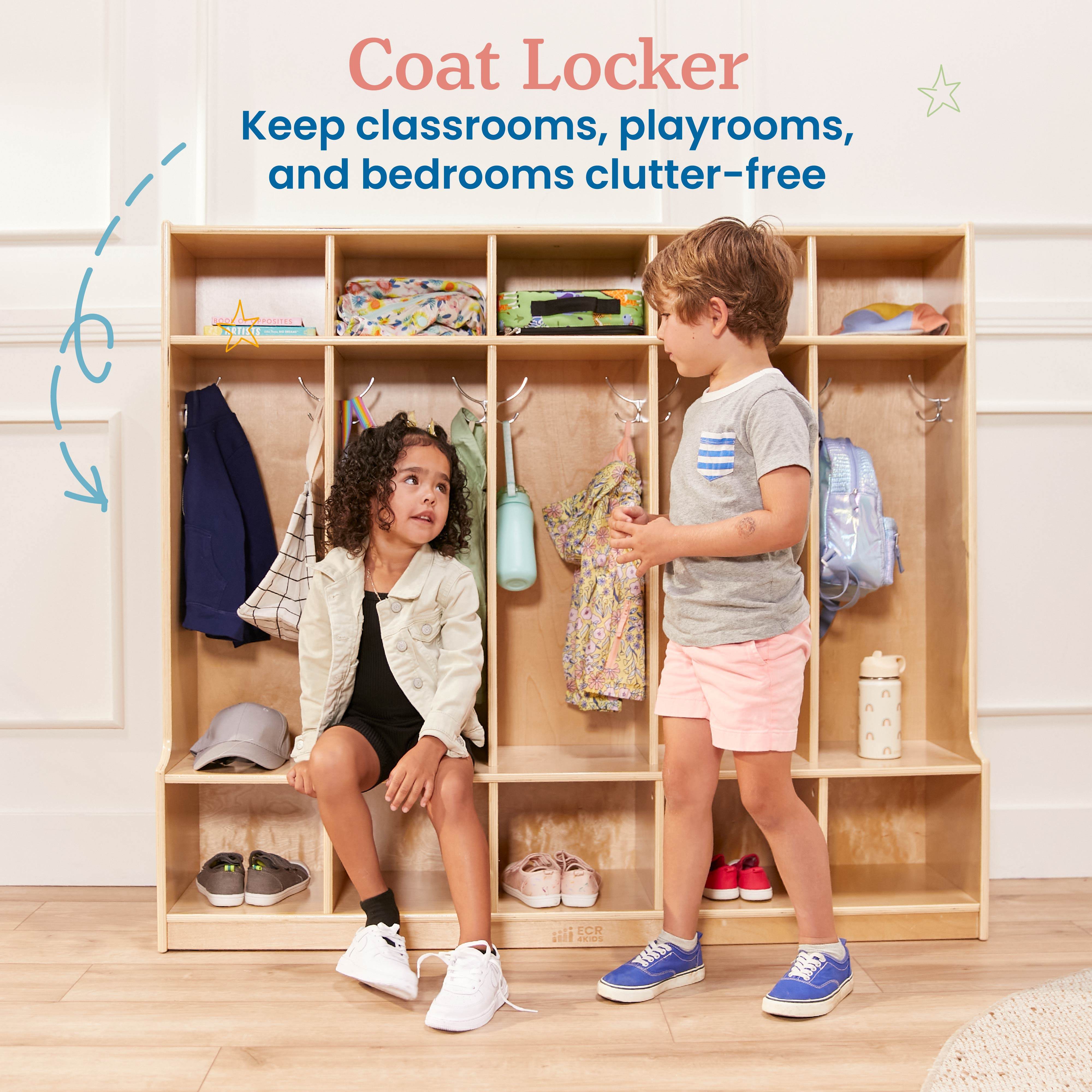 5-Section Coat Locker with Bench and Scoop Front Storage Bins, Natural