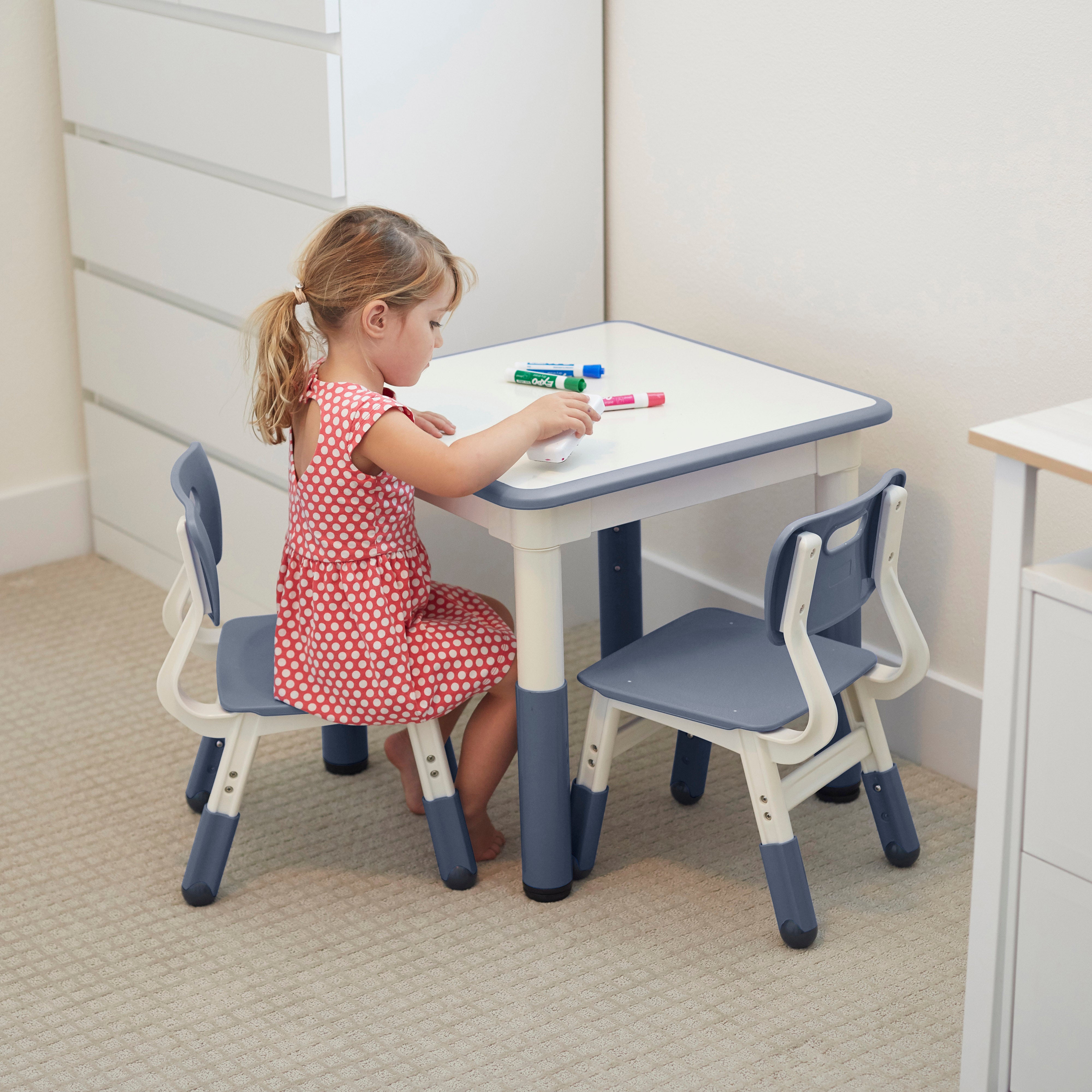 Square Dry-Erase Activity Table and 2 Adjustable Height Plastic Chairs, 3-Piece