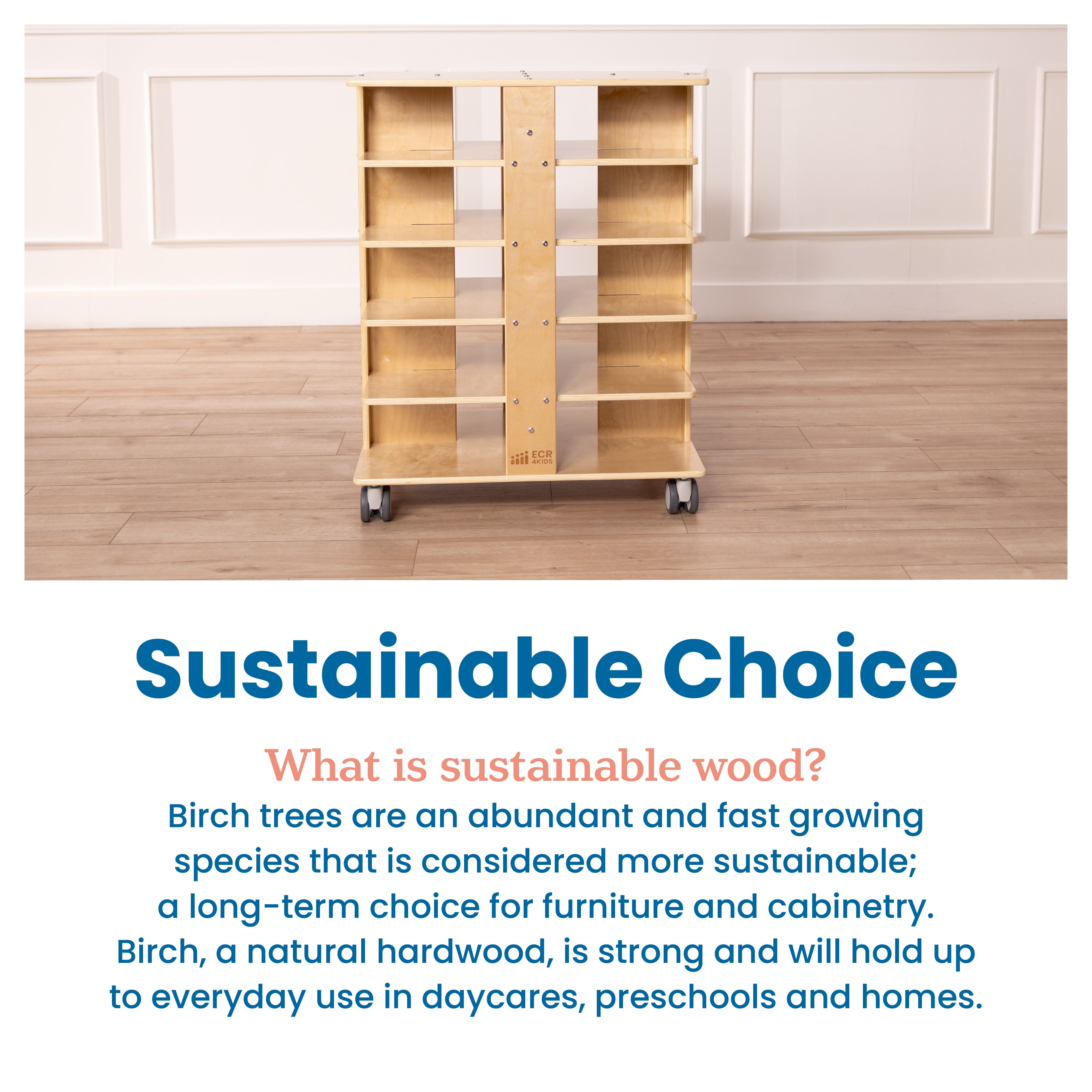 20-Compartment Mobile Storage Tower with Cubby Bins with Lids, 5x4, Natural, Classroom Furniture