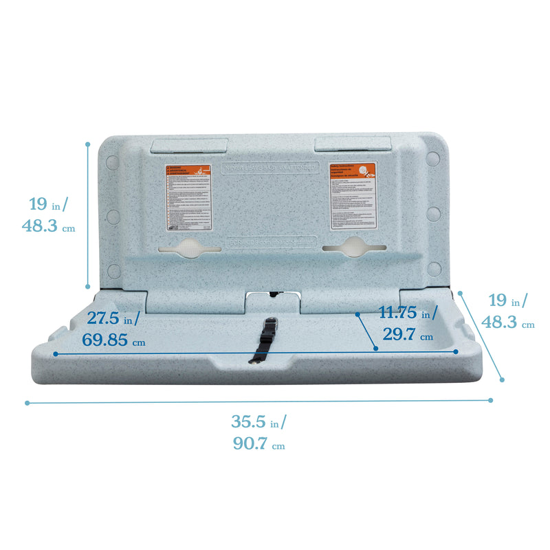 Horizontal Wall-Mounted Changing Station, Fold-Down Table, Safety Strap, Liner Dispensers, Bag Hooks