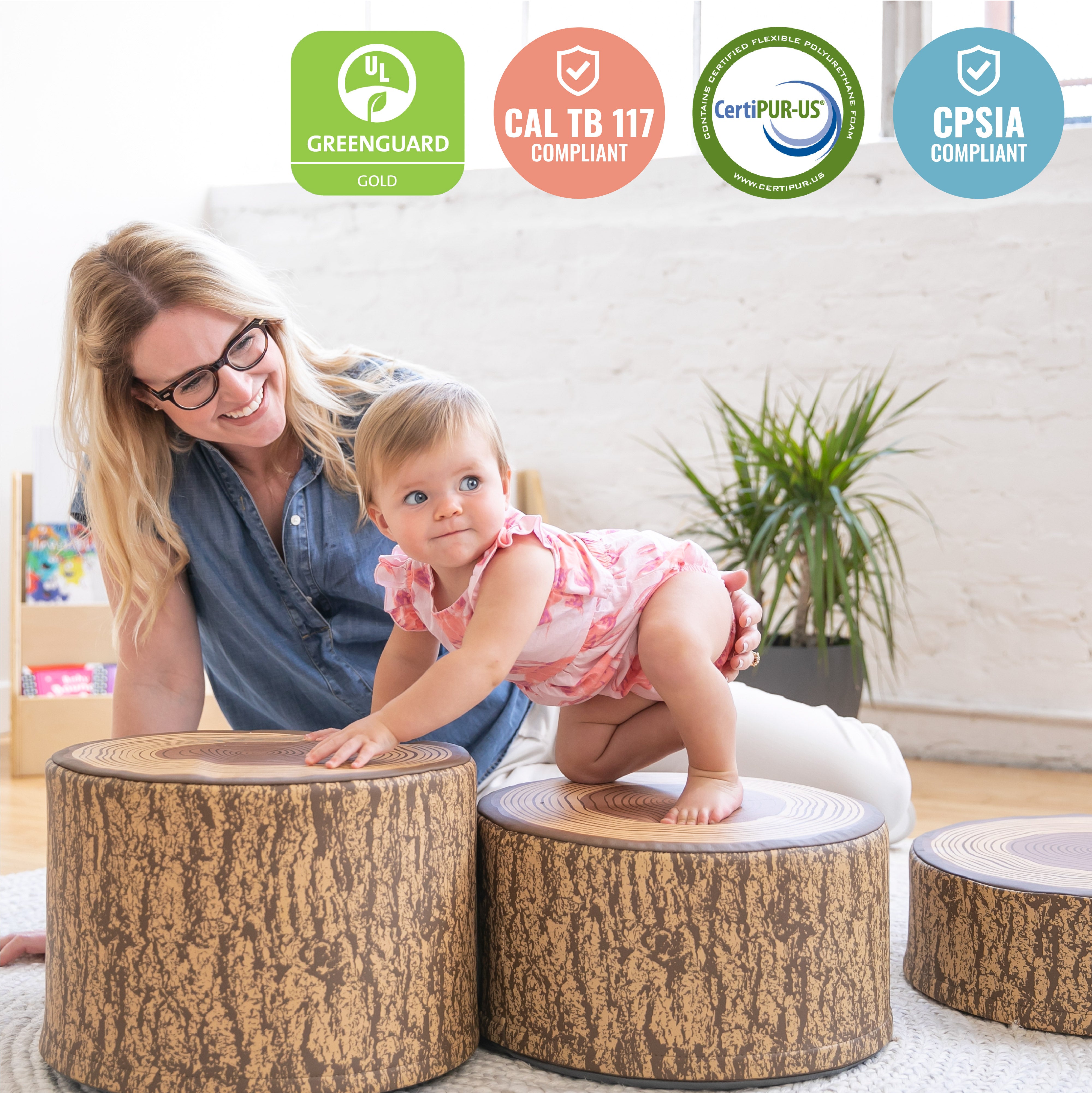 Preschool Nature-Inspired Reading Circle with Tree Log Seating and Book Display