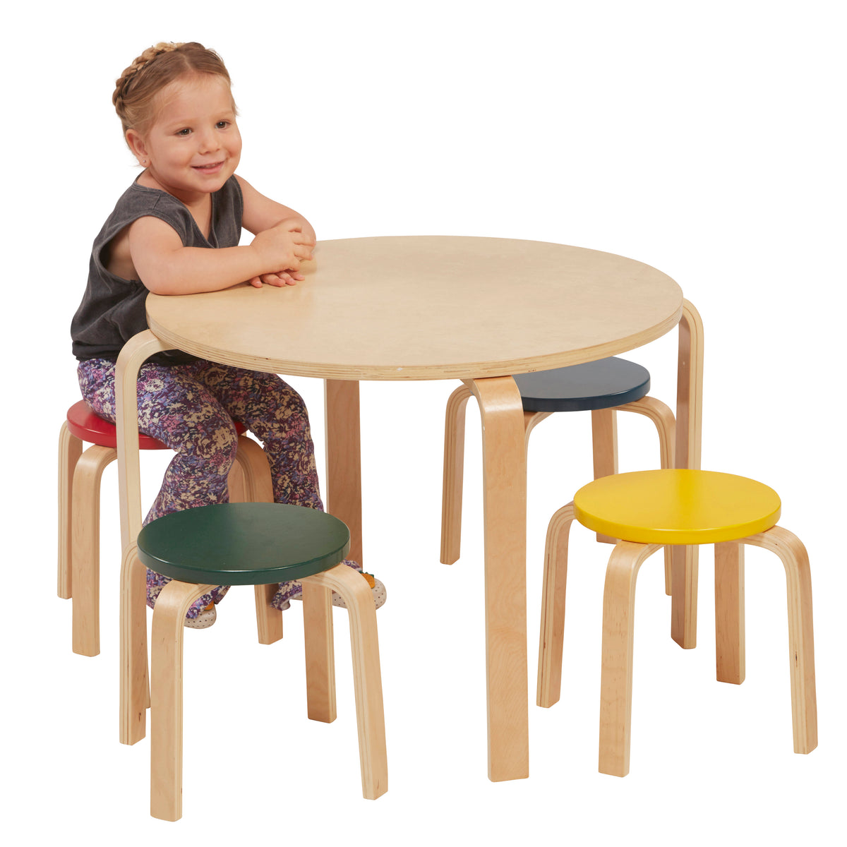 Round Bentwood Table and Four Stools, 12in Seat Height, 5-Piece