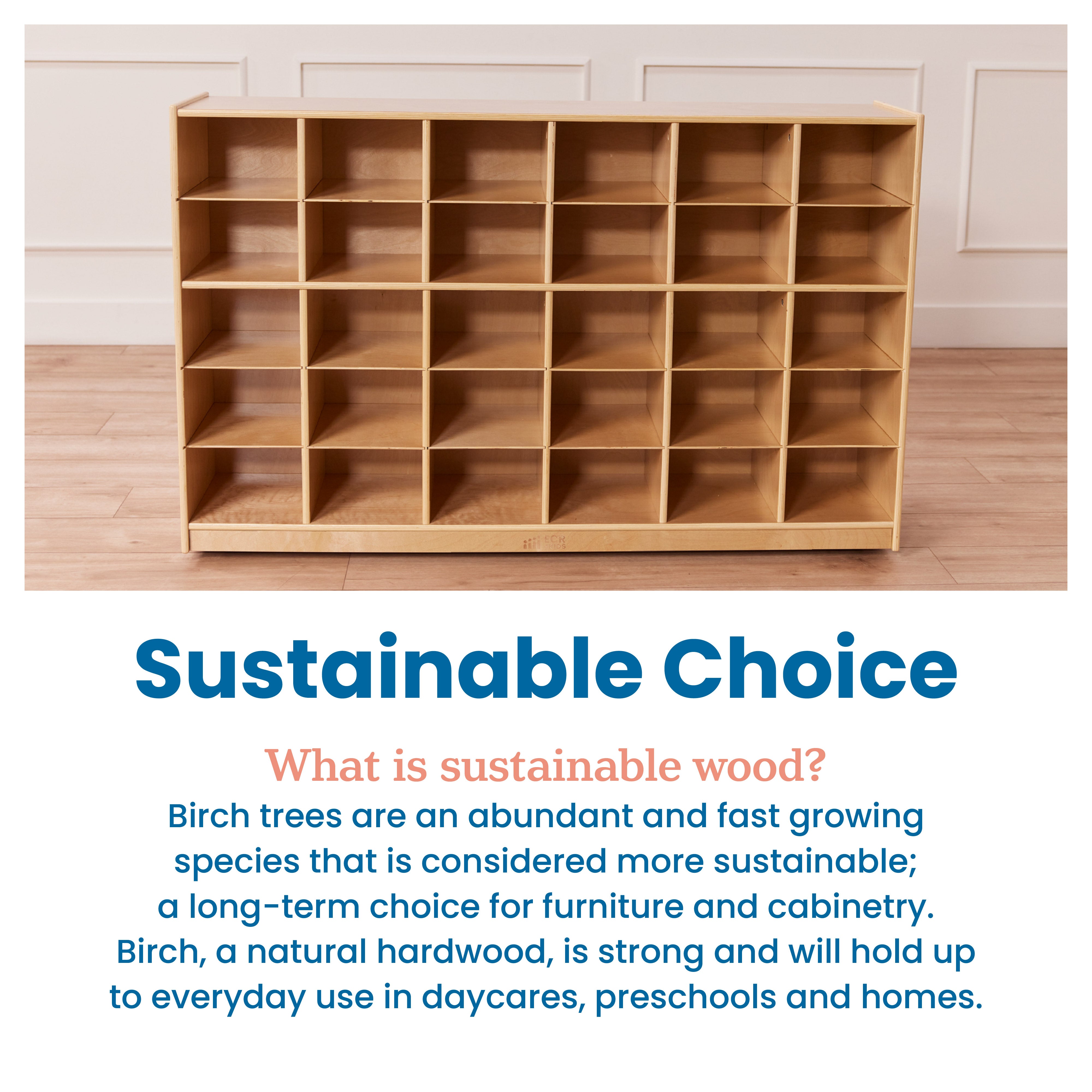 30 Cubby Mobile Tray Cabinet with 30 Scoop Front Storage Bins, 5x6, Natural