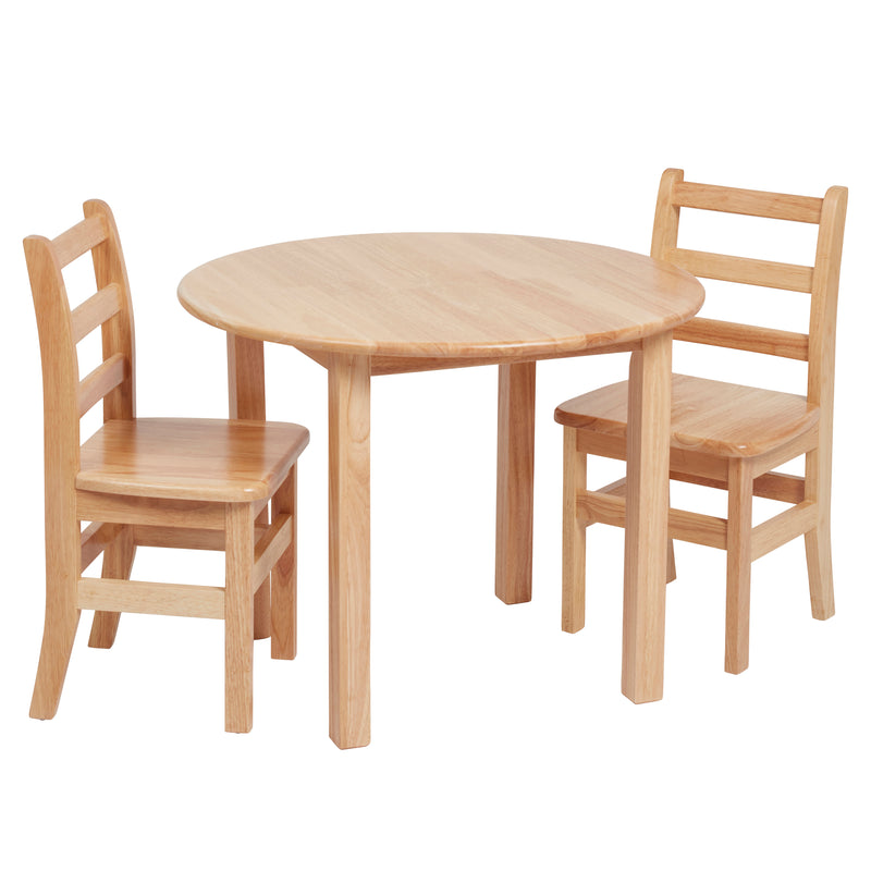 30in Round Hardwood Table and Chair Set, 14in Seat Height, Kids Furniture, Natural, 3-Piece