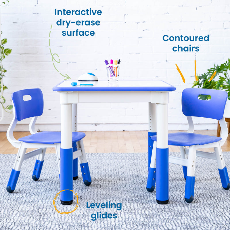 Square Dry-Erase Activity Table and 2 Adjustable Height Plastic Chairs, 3-Piece