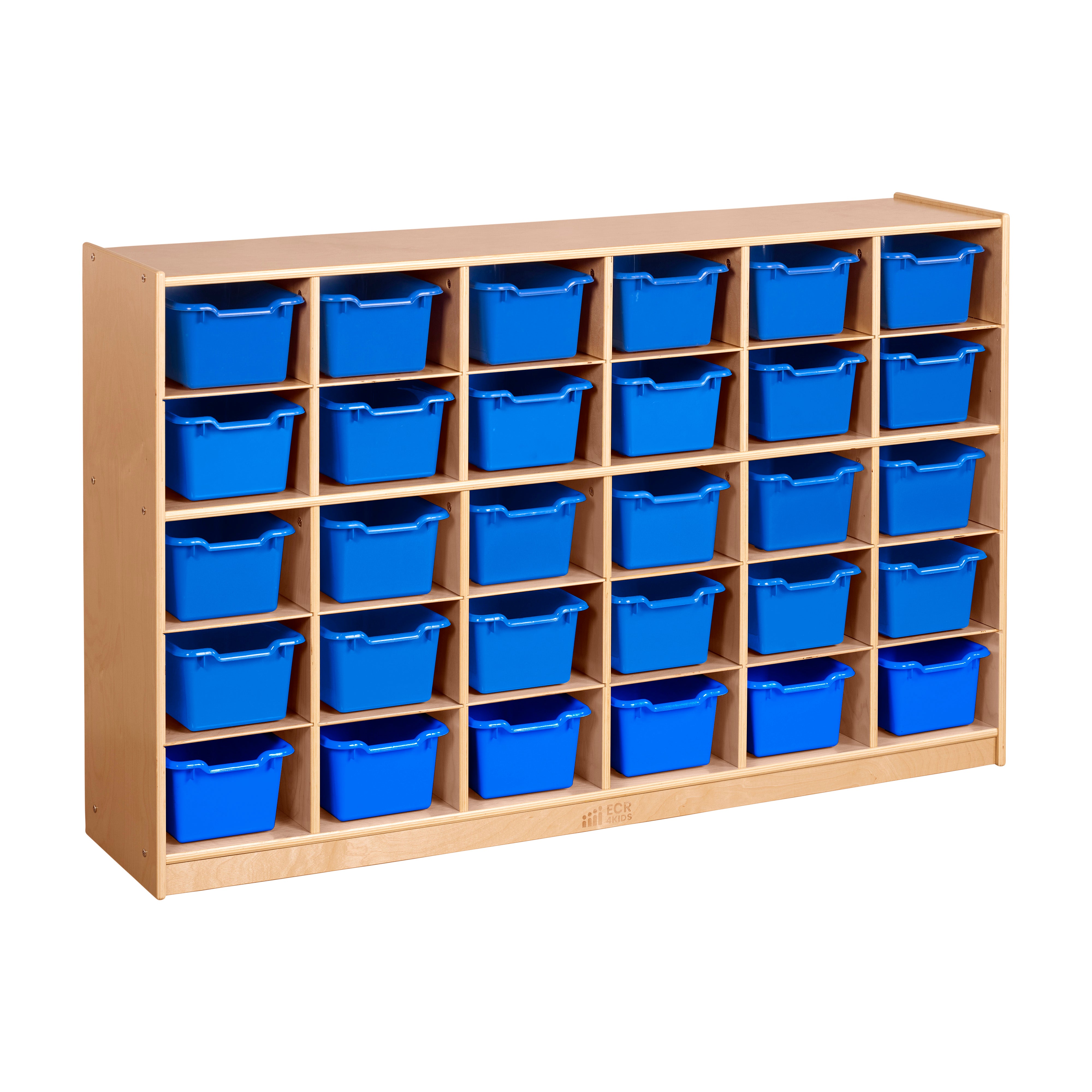 30 Cubby Mobile Tray Cabinet with 30 Scoop Front Storage Bins, 5x6, Natural