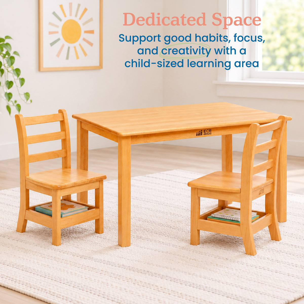 24in x 36in Rectangular Hardwood Table and Two Chairs with Storage, 12in Seat Height, 3-Piece