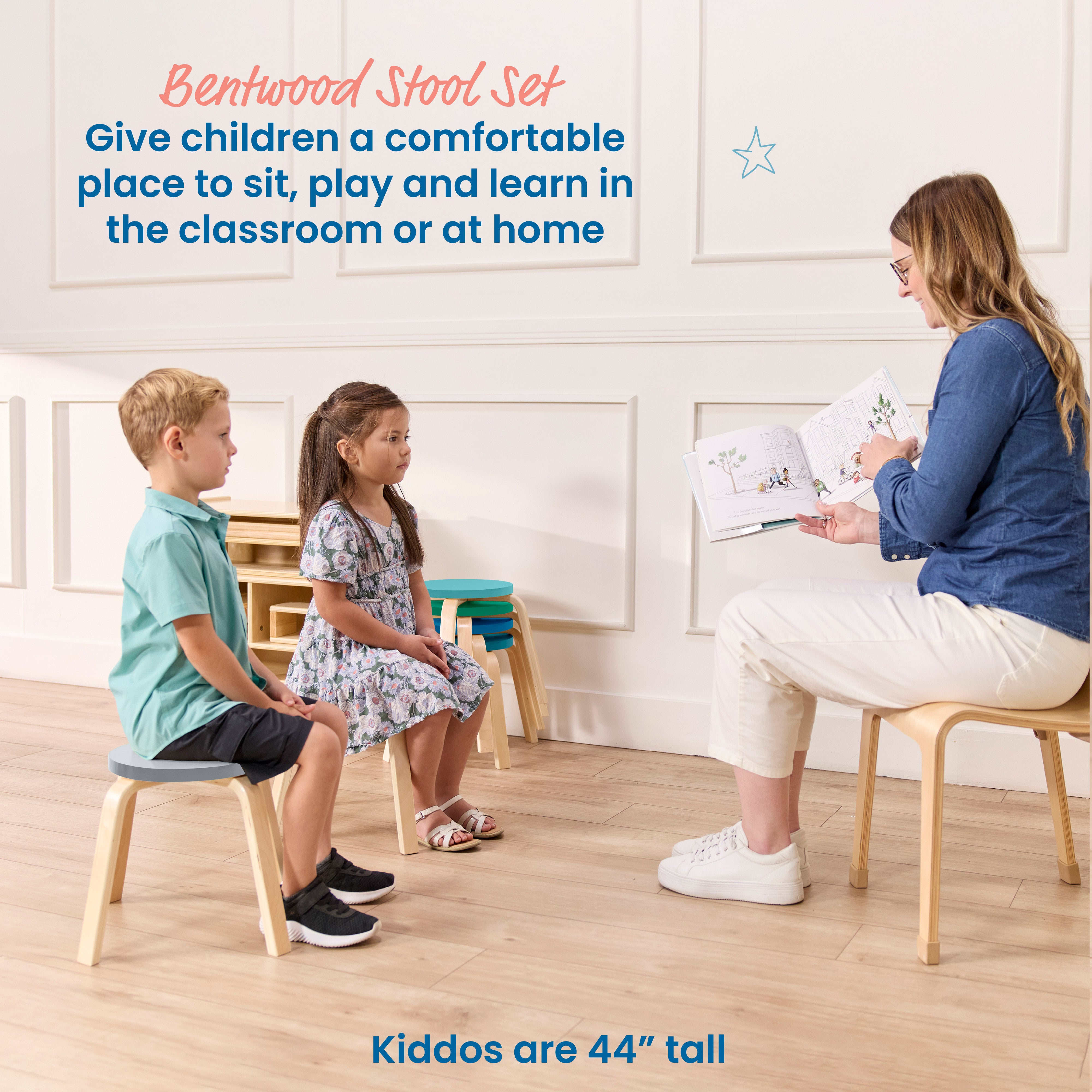 Bentwood Stackable Stools, 12in Seat Height, 6-Piece