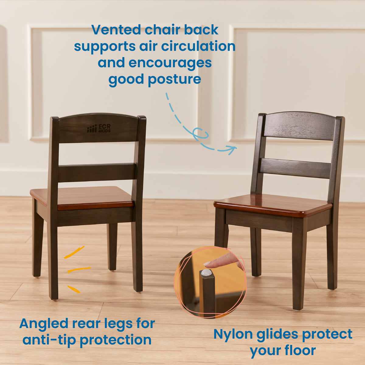 Two wooden chairs with dark frames and brown seats displayed on hardwood floor, showing ventilated backrest design.
