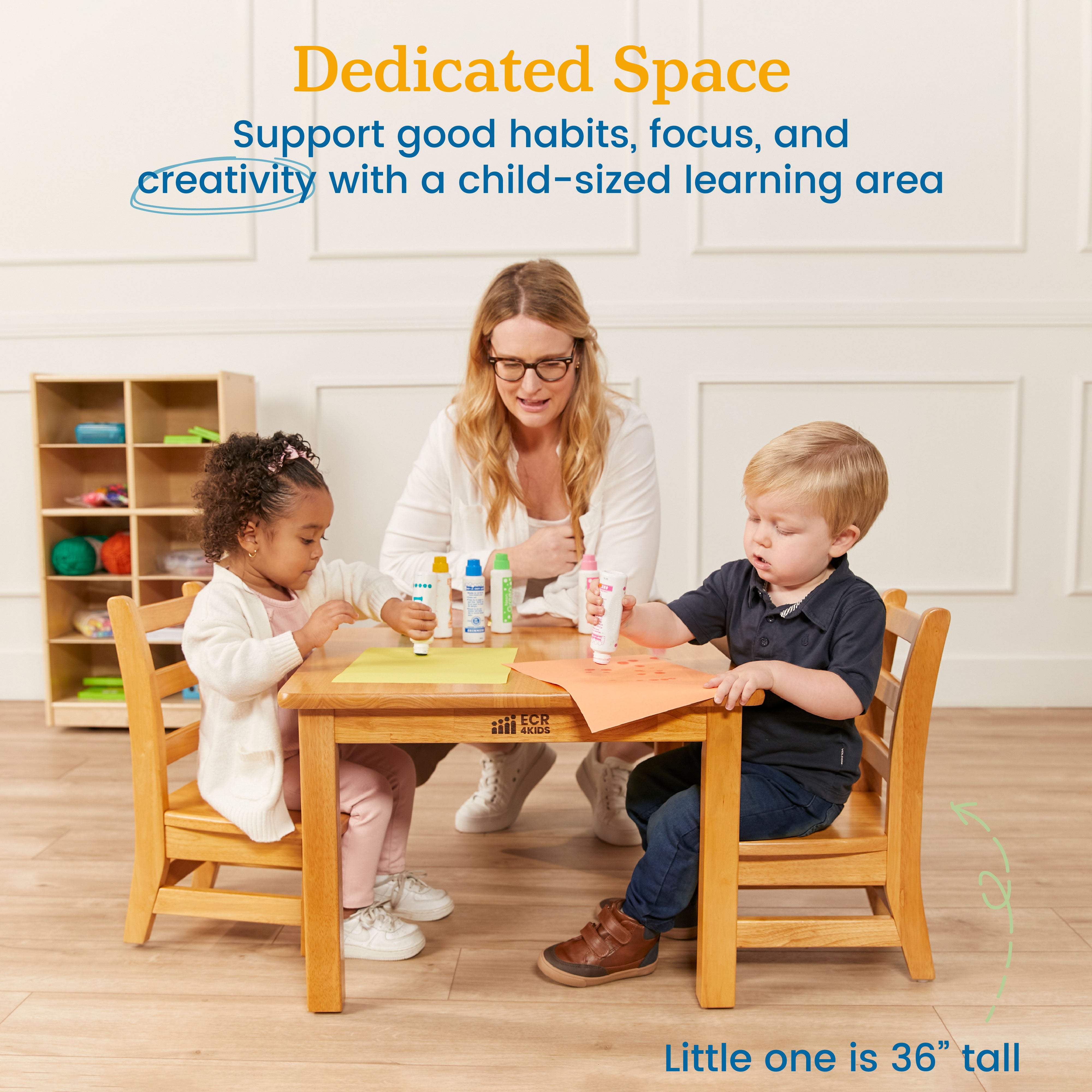 24in x 24in Square Hardwood Table with 16in Legs and Two 8in Chairs, 3-Piece