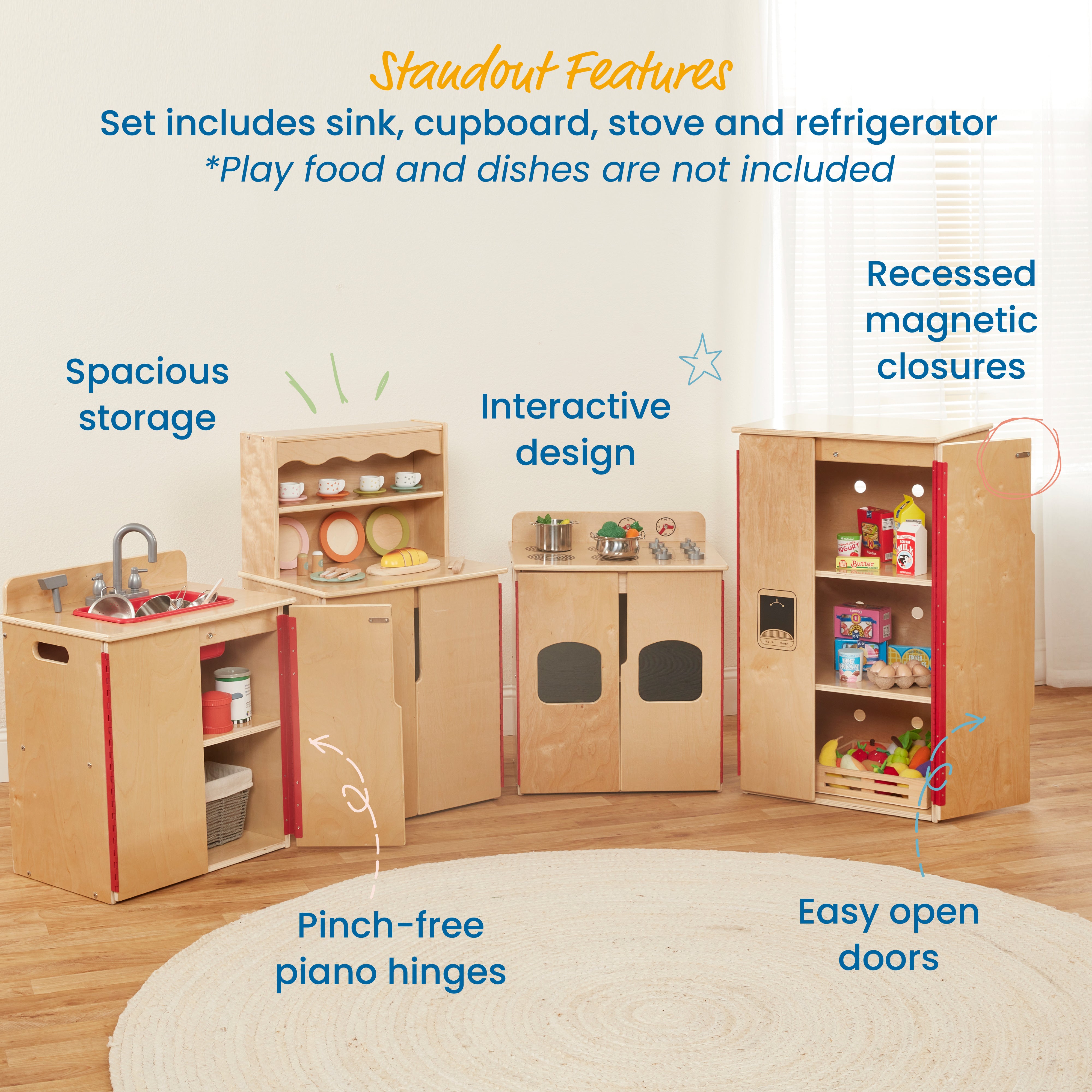 Kitchen Cupboard, Stove, Sink, and Refrigerator for Kids, Wooden, 4-Piece