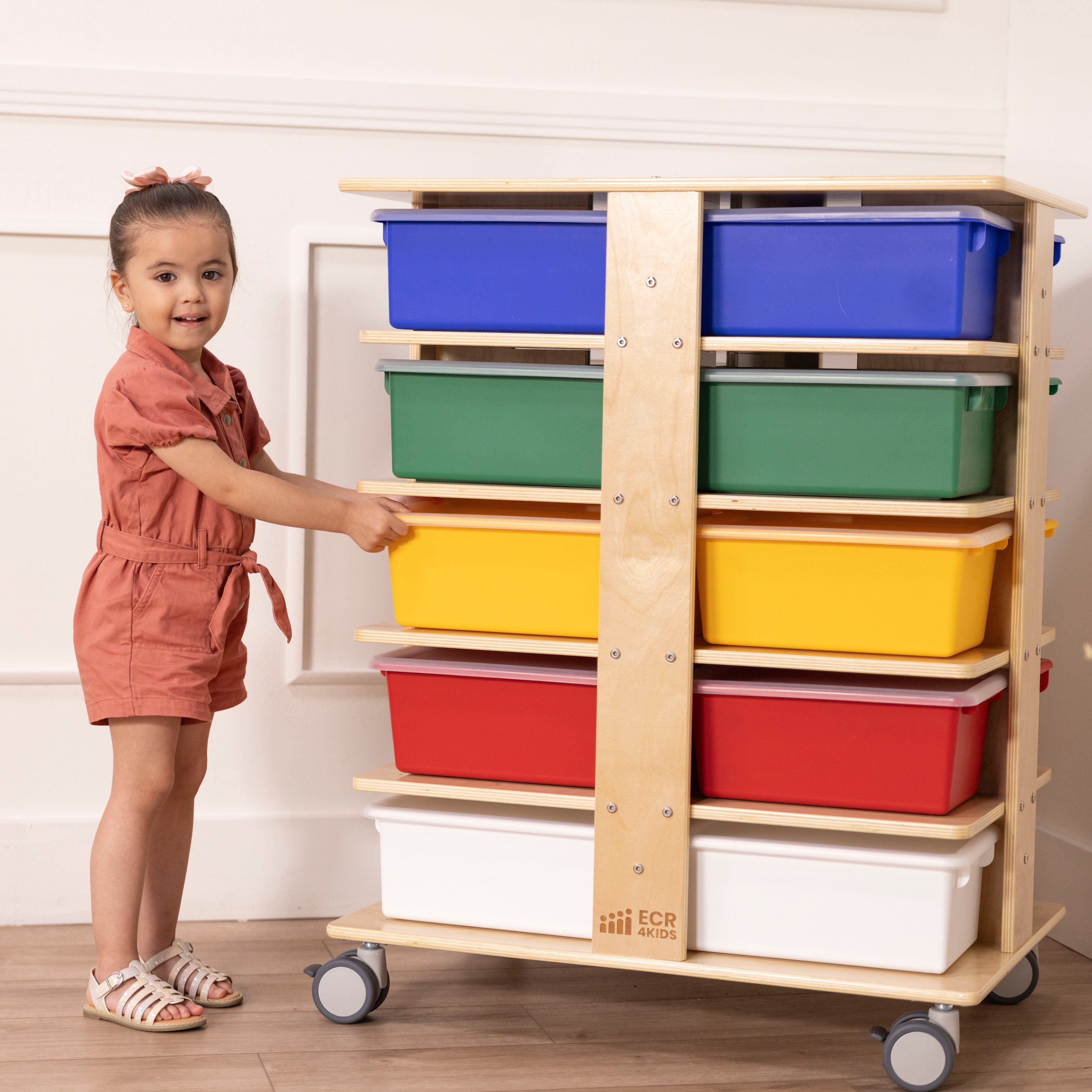 20-Compartment Mobile Storage Tower with Cubby Bins with Lids, 5x4, Natural, Classroom Furniture