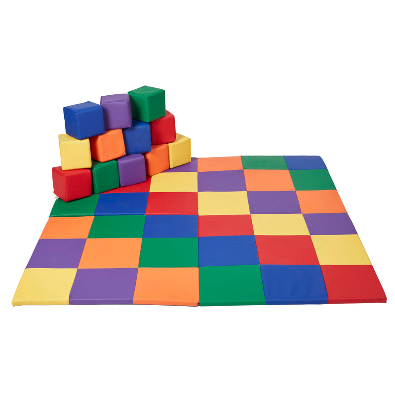 Patchwork Toddler Activity Mat and 12 Stacking Block Set, Tummy Time Foam Pad and Building Blocks