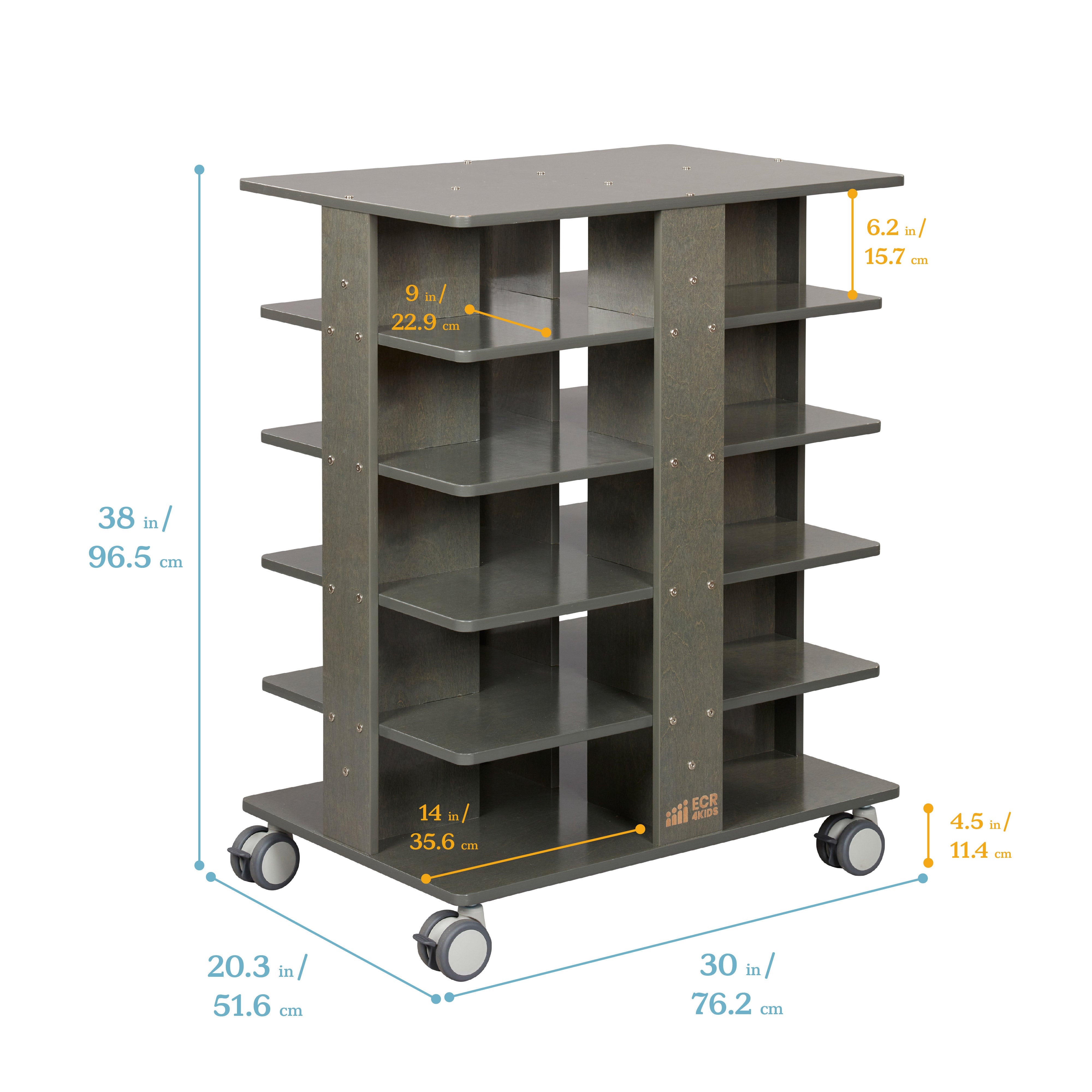 20-Compartment Mobile Storage Tower with Cubby Bins with Lids, 5x4, Grey Wash, Classroom Furniture