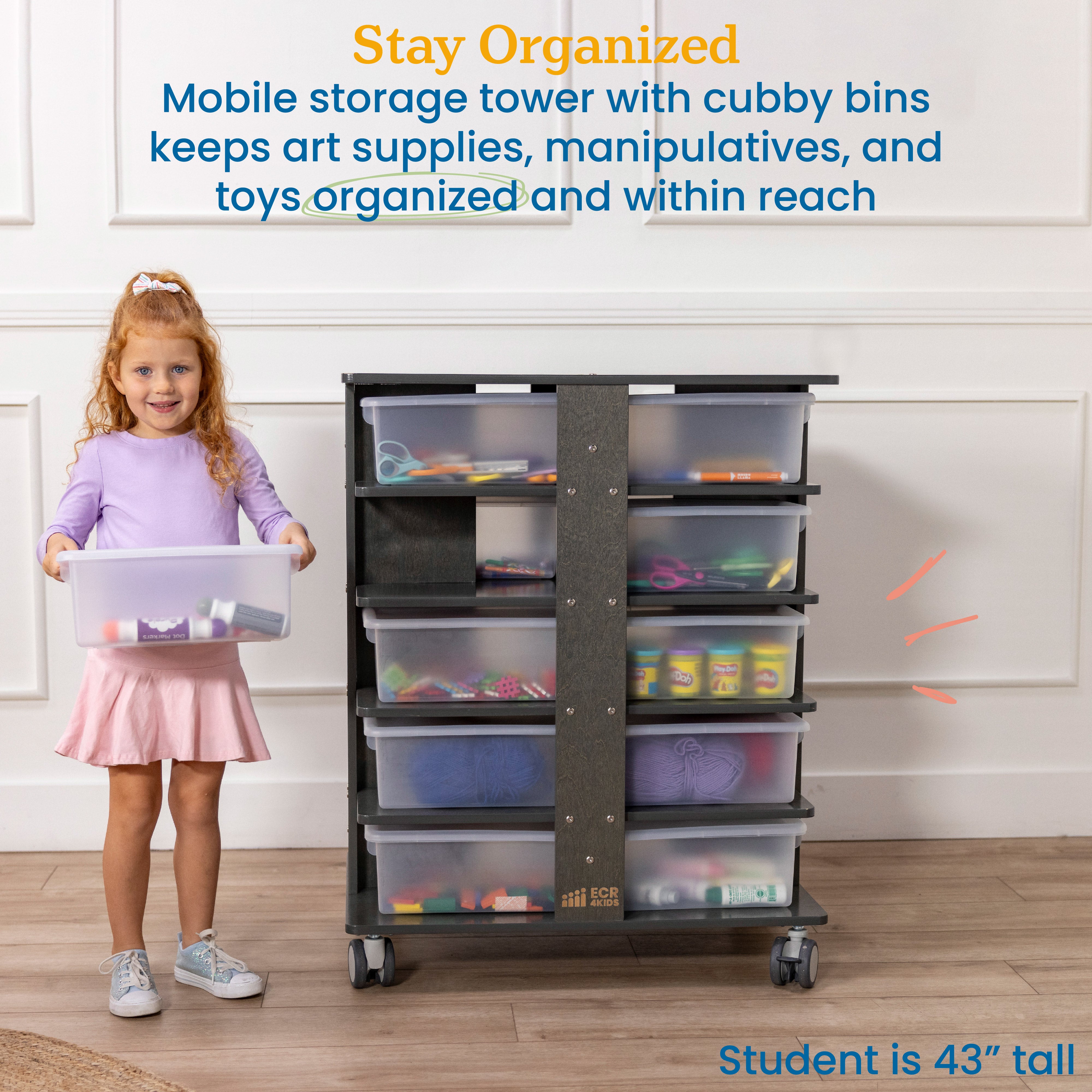 20-Compartment Mobile Storage Tower with Cubby Bins with Lids, 5x4, Grey Wash, Classroom Furniture