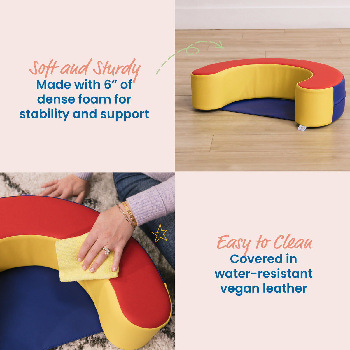 Colorful foam sit-up support ring with red, yellow, and blue curved sections on wooden floor.
