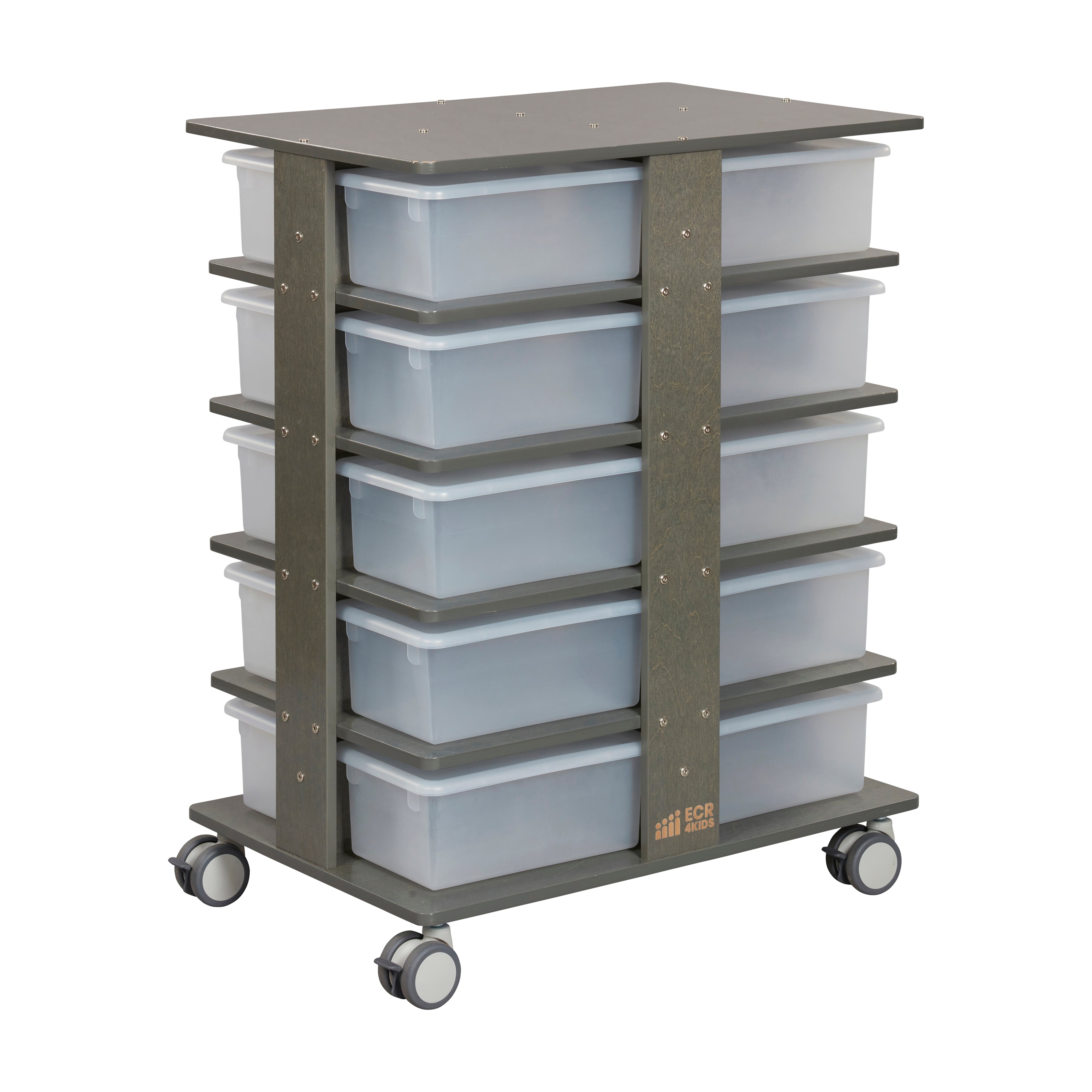 20-Compartment Mobile Storage Tower with Cubby Bins with Lids, 5x4, Grey Wash, Classroom Furniture