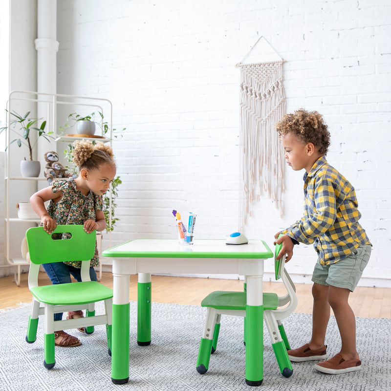 Square Dry-Erase Activity Table and 2 Adjustable Height Plastic Chairs, 3-Piece