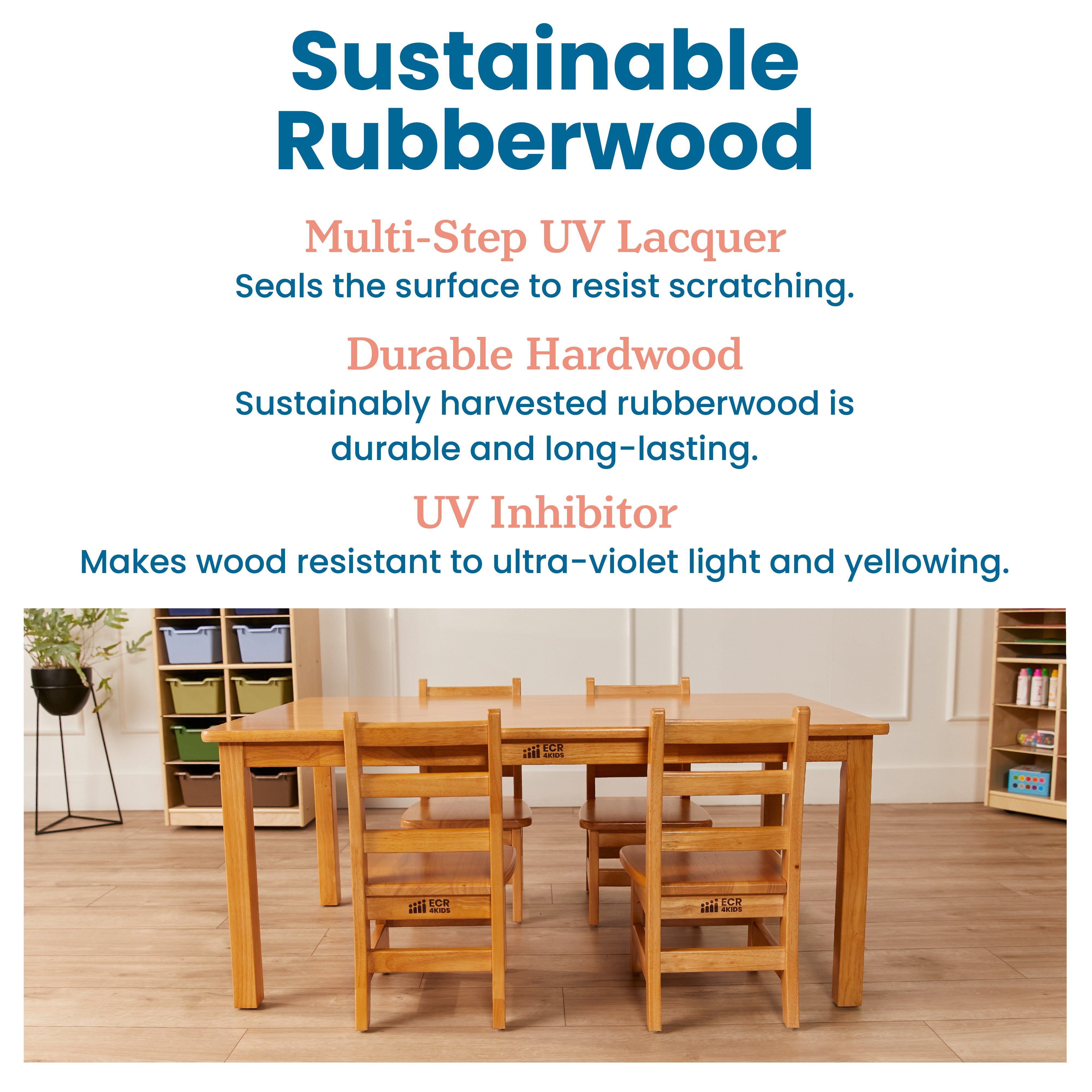 30in x 48in Rectangular Hardwood Table with 20in Legs and Four 10in Chairs, Kids Furniture