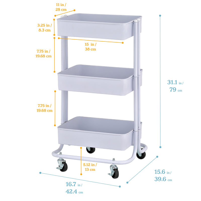 3-Tier Metal Rolling Utility Cart, Mobile Storage Organizer