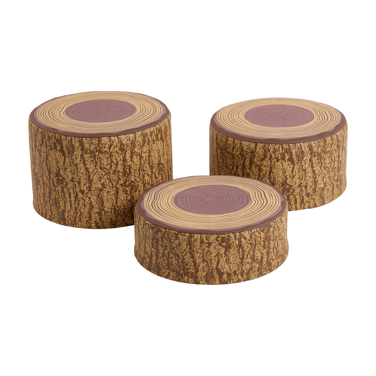 Three cylindrical stools with textured bark-like sides and circular wood grain tops in varying sizes.
