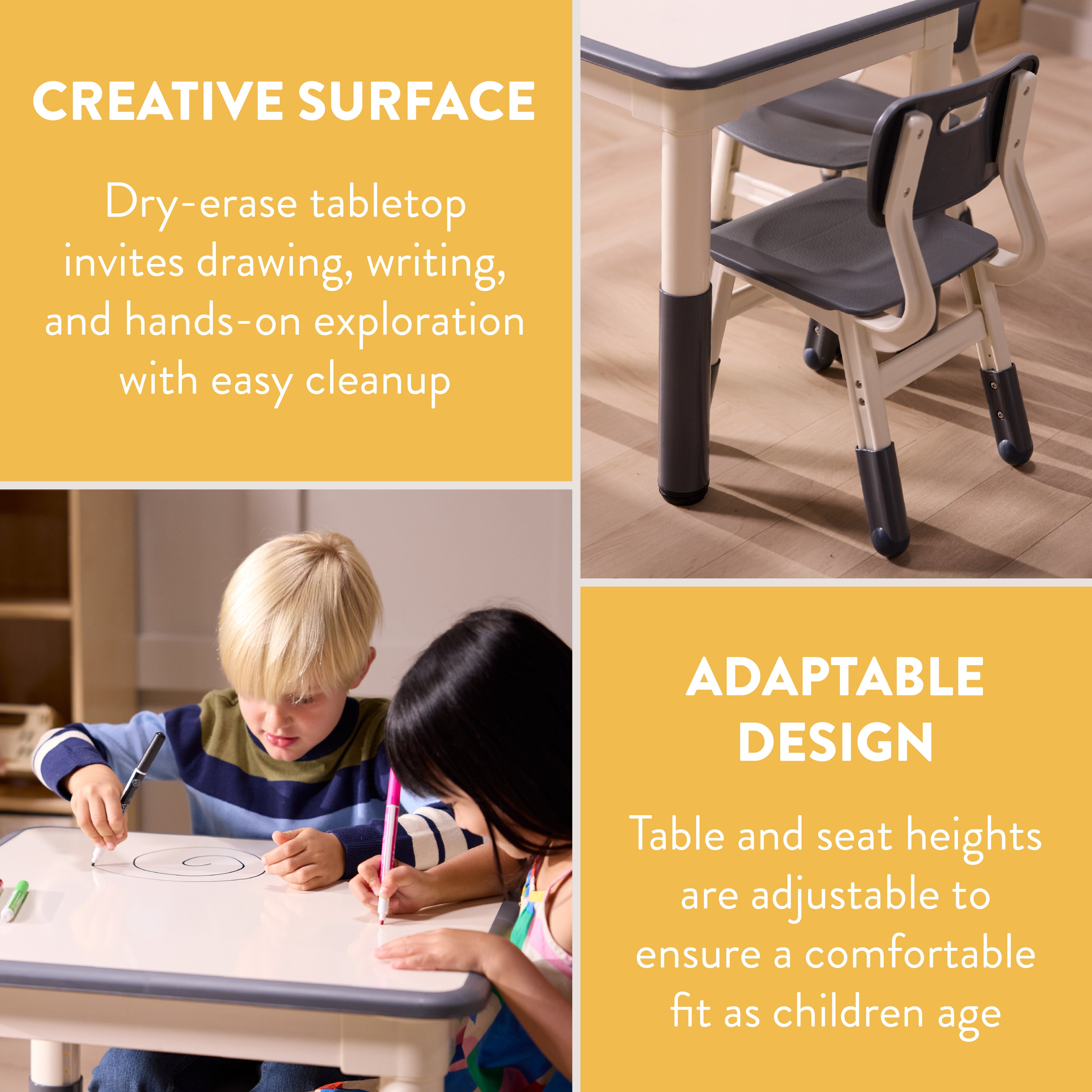 Dry-Erase Adjustable Height Table and Chairs Set, 3-Piece